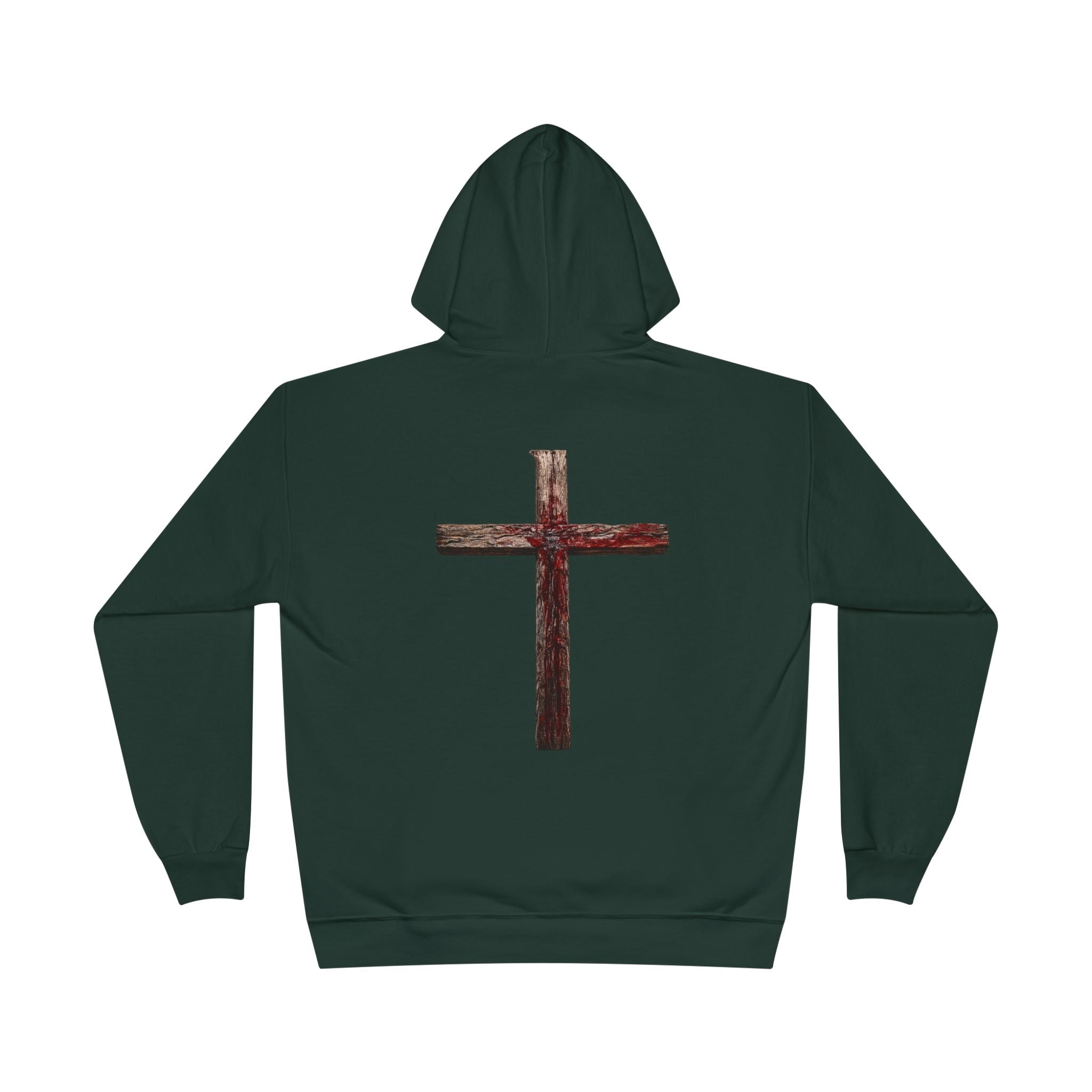 Christian Cross Hoodie — Blue Glow Front & Rustic Back Pullover