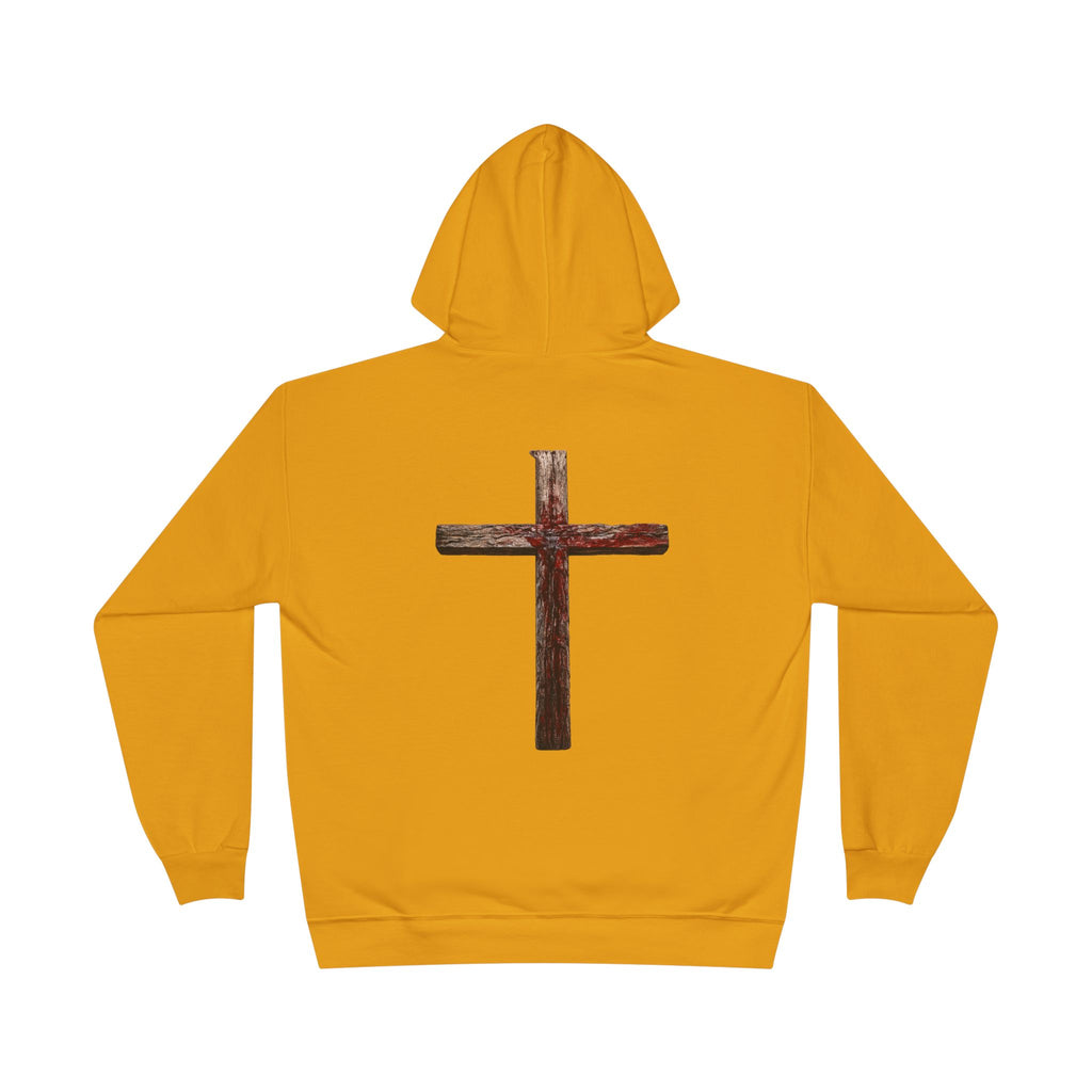 Christian Cross Hoodie — Blue Glow Front & Rustic Back Pullover