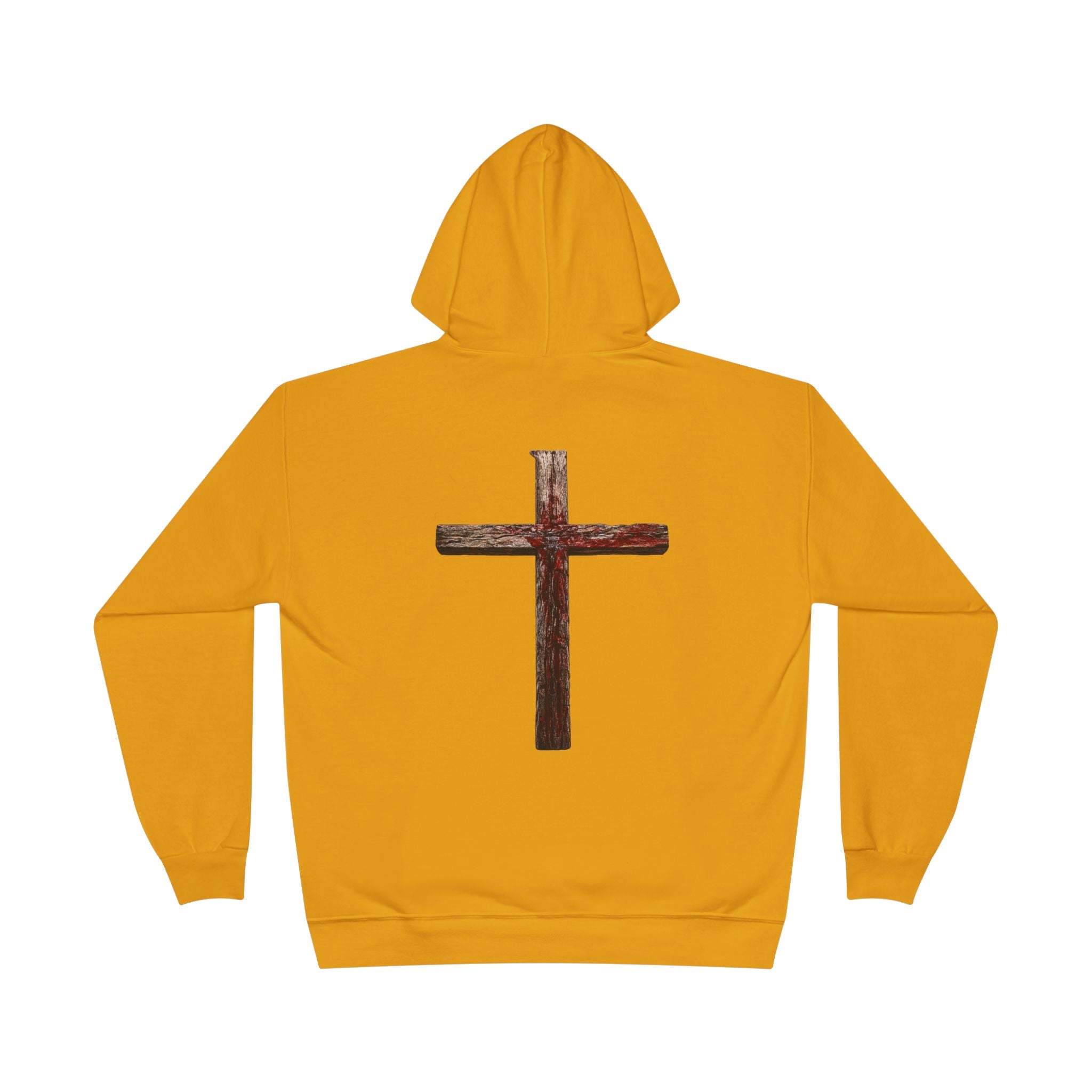 Christian Cross Hoodie — Blue Glow Front & Rustic Back Pullover