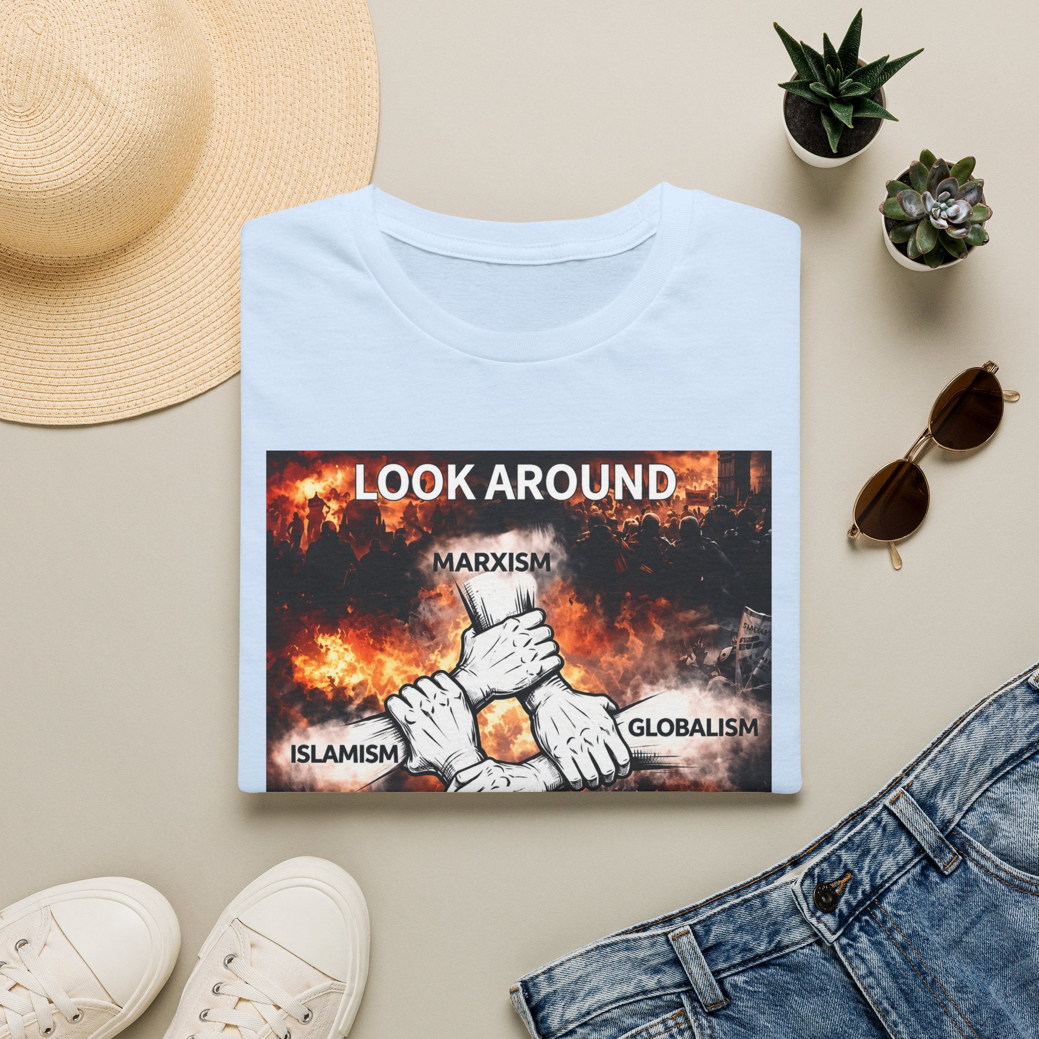 Political Graphic T-Shirt — "Look Around" Protest Design