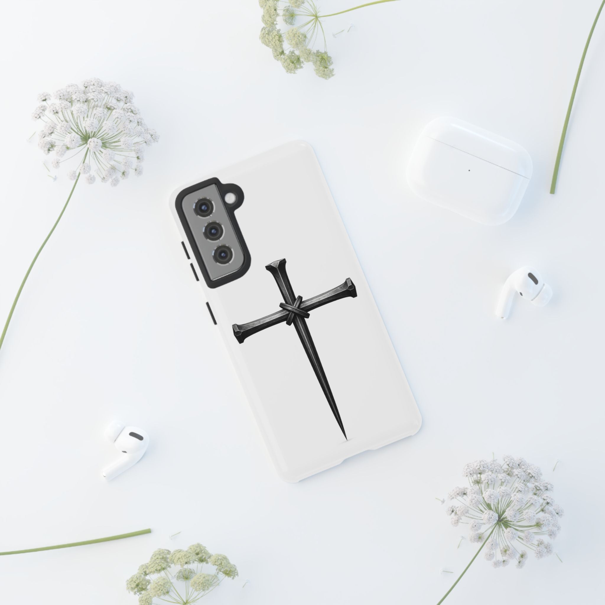 Nail Cross Tough Phone Case – Minimal Gothic Christian Armor for Samsung & iPhone