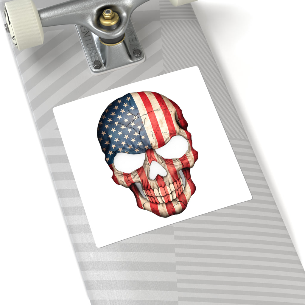 American Flag Skull Sticker — Patriotic Skull Square Decal for Laptop, Helmet, Guitar