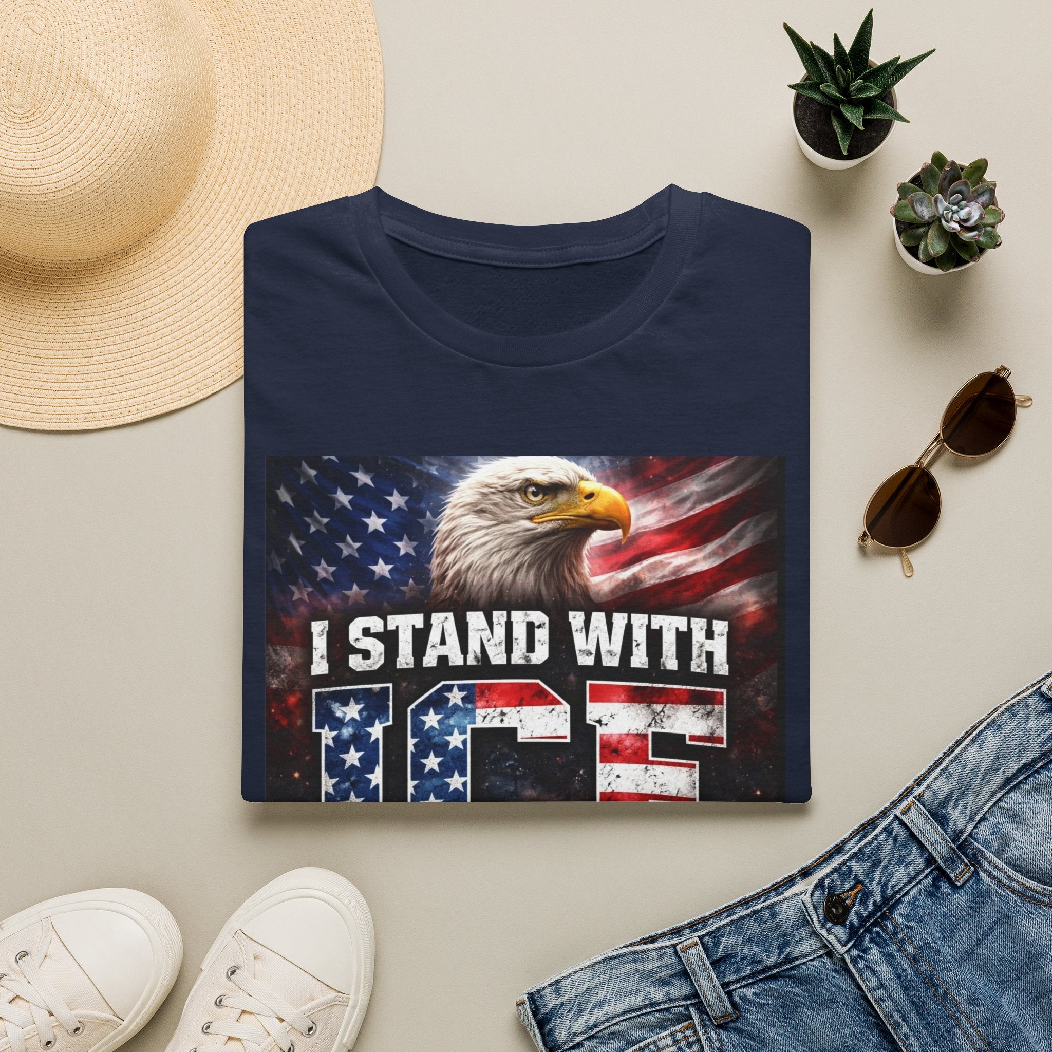 I Stand With ICE American Flag Eagle T-Shirt — Pro-ICE Patriotic Tee