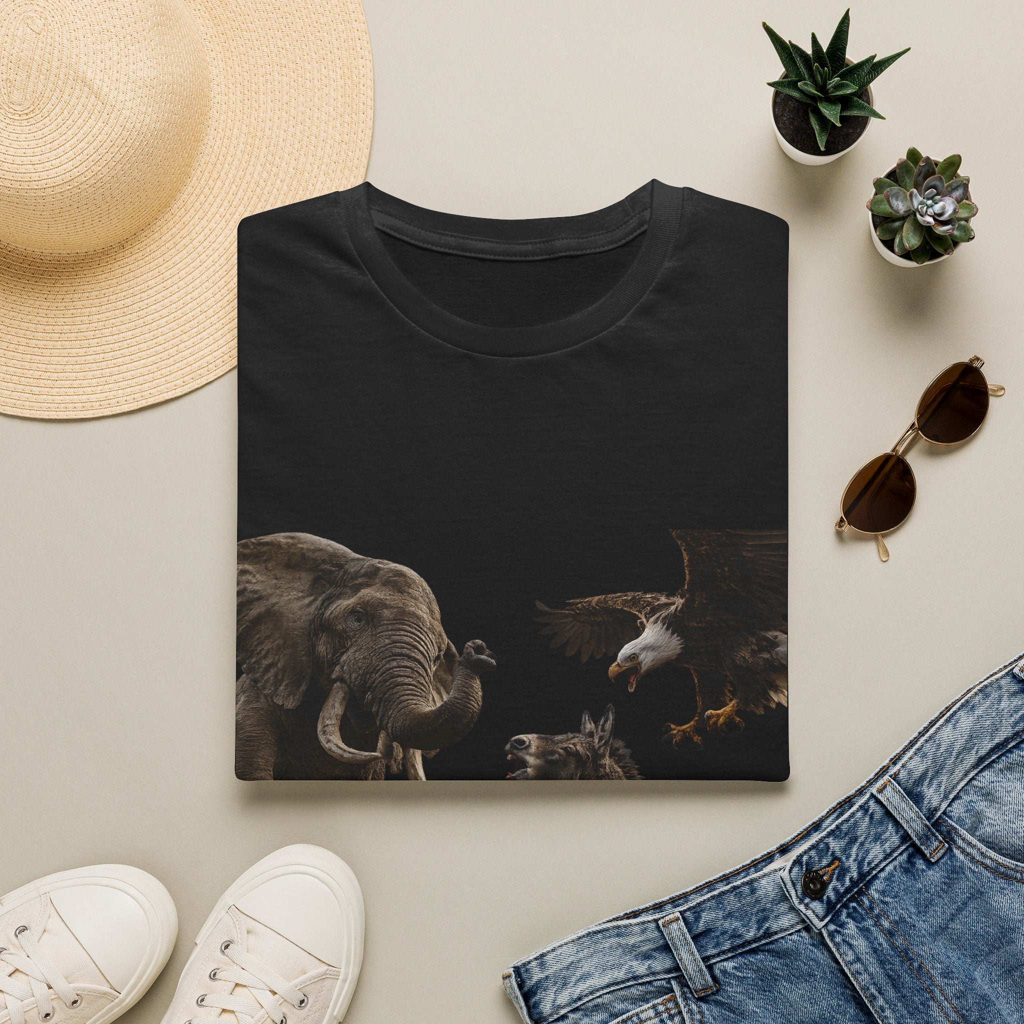 Wildlife Face-Off T-Shirt — Elephant, Eagle & Donkey Nature Scene