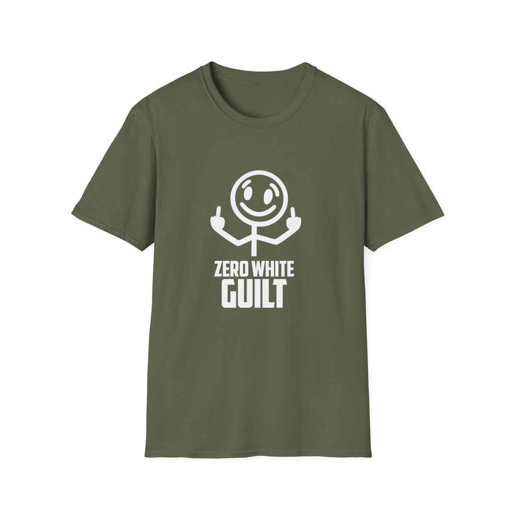 Zero White Guilt T-Shirt — Smiley Stick Figure Flipping Off Graphic Tee
