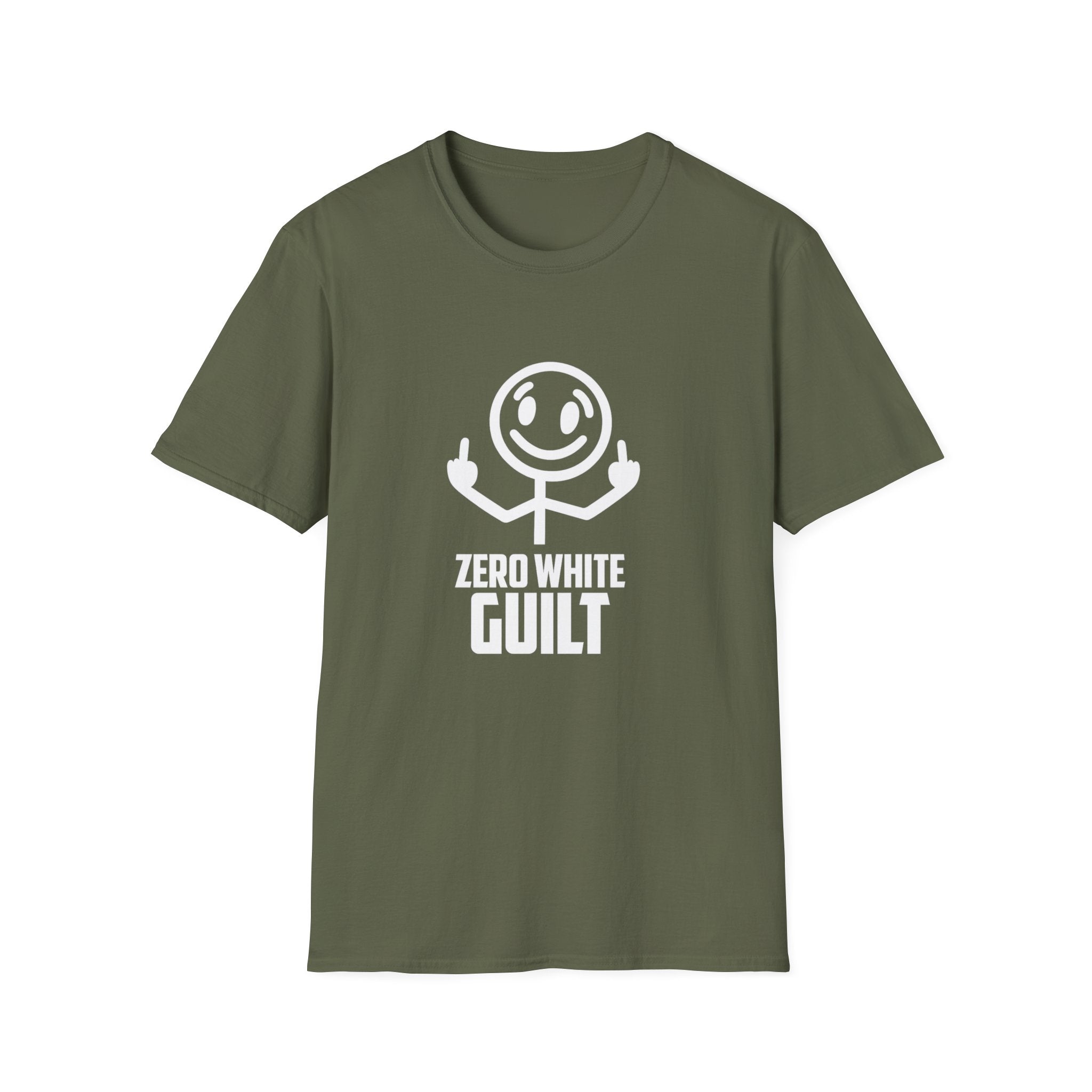 Zero White Guilt T-Shirt — Smiley Stick Figure Flipping Off Graphic Tee