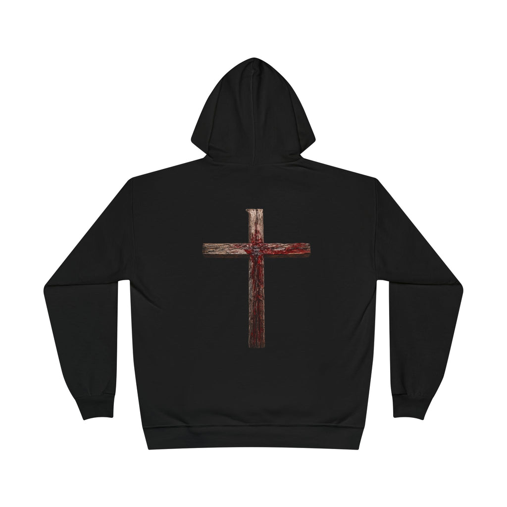 Christian Cross Hoodie — Blue Glow Front & Rustic Back Pullover