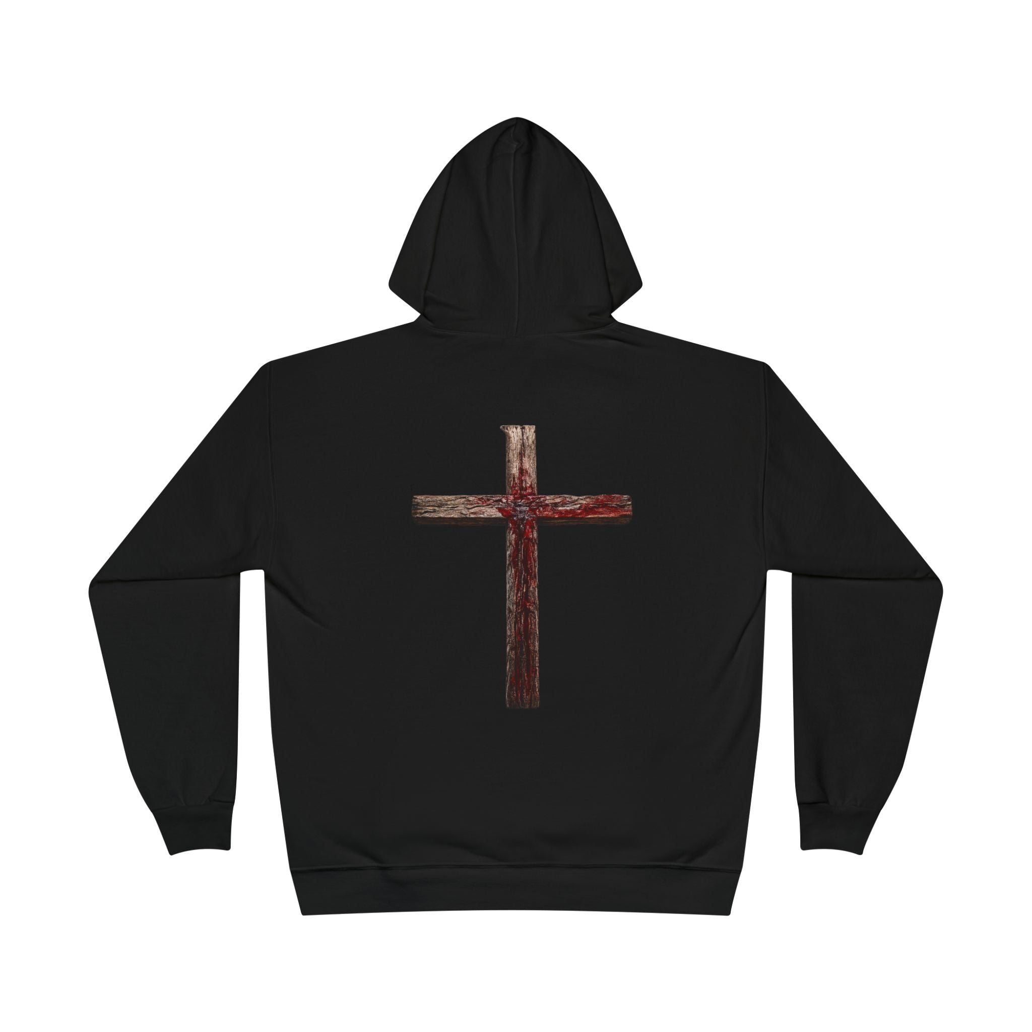 Christian Cross Hoodie — Blue Glow Front & Rustic Back Pullover
