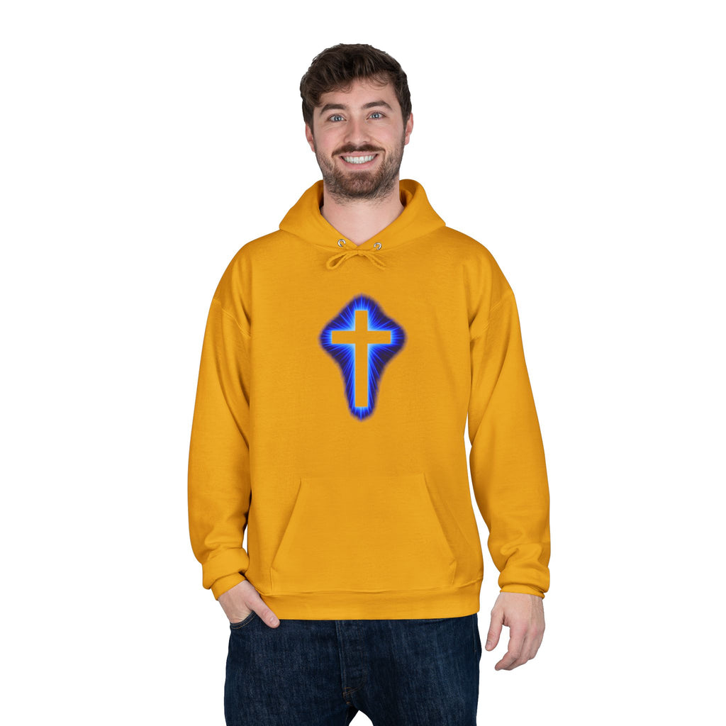 Christian Cross Hoodie — Blue Glow Front & Rustic Back Pullover