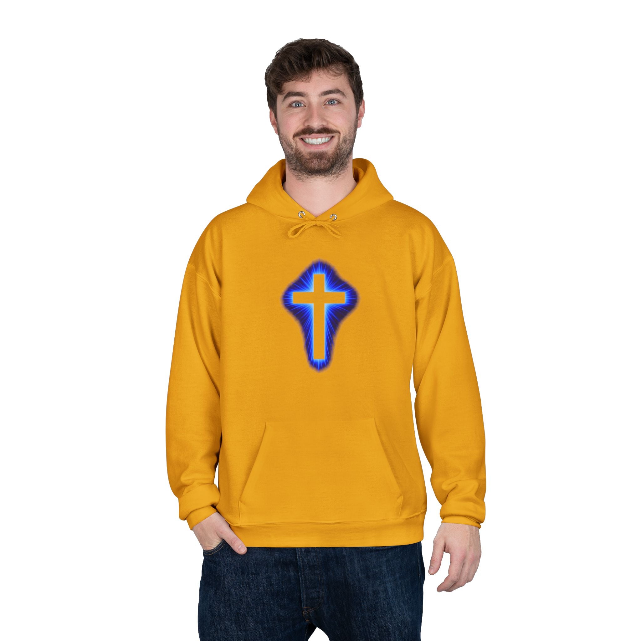 Christian Cross Hoodie — Blue Glow Front & Rustic Back Pullover