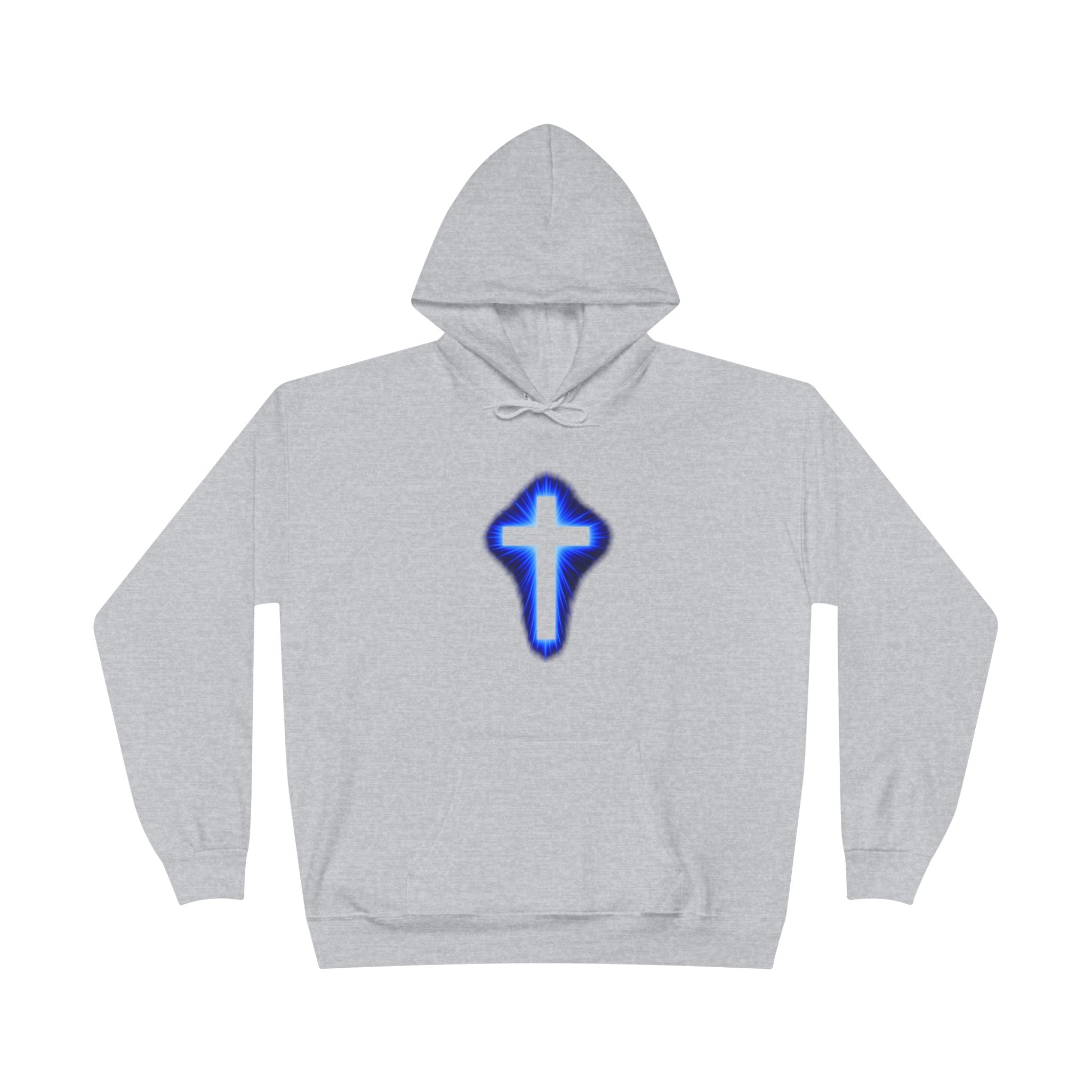 Christian Cross Hoodie — Blue Glow Front & Rustic Back Pullover