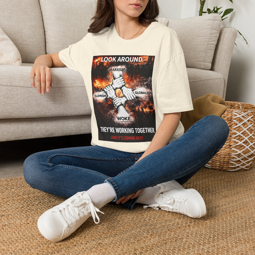 Political Graphic T-Shirt — "Look Around" Protest Design
