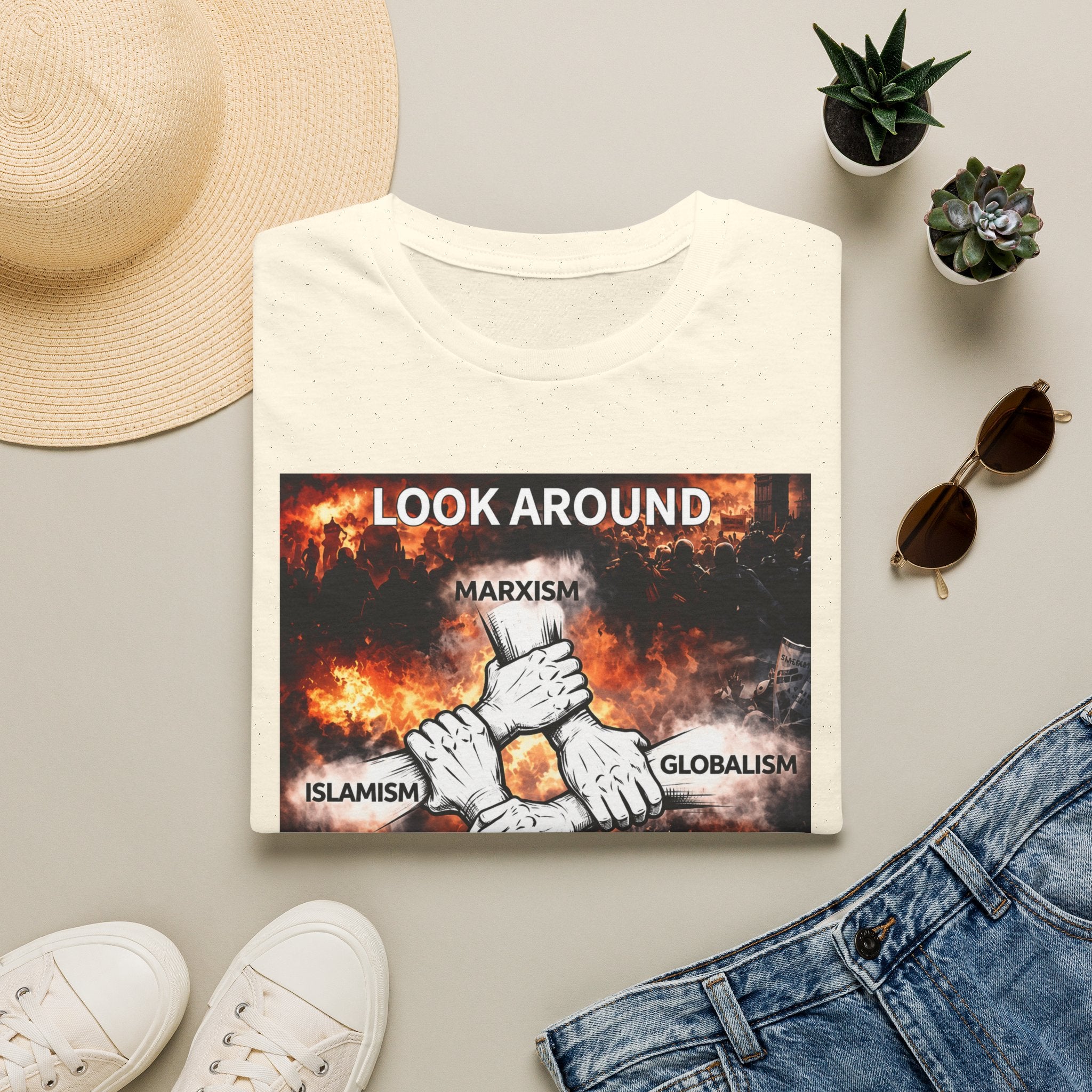 Political Graphic T-Shirt — "Look Around" Protest Design