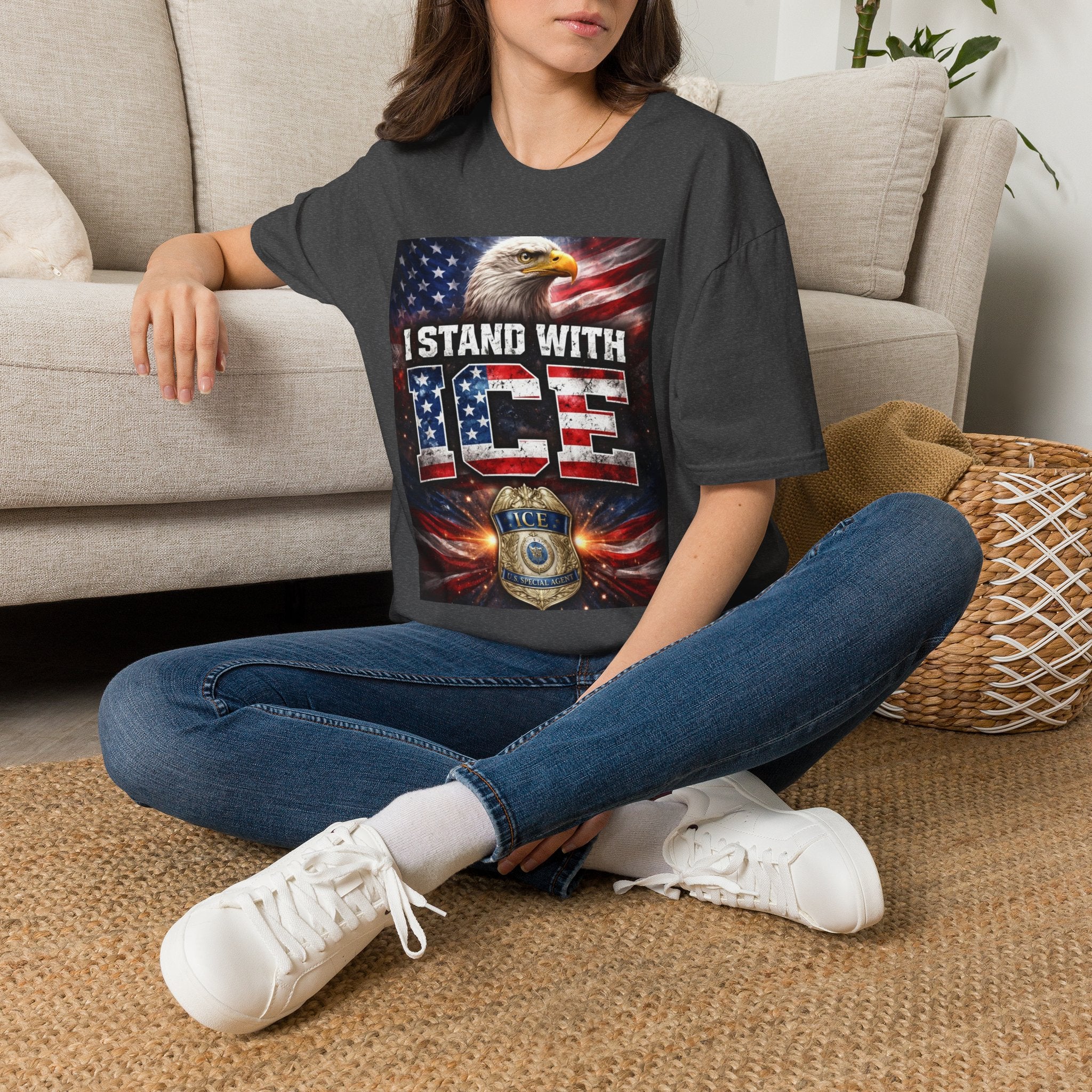 I Stand With ICE American Flag Eagle T-Shirt — Pro-ICE Patriotic Tee