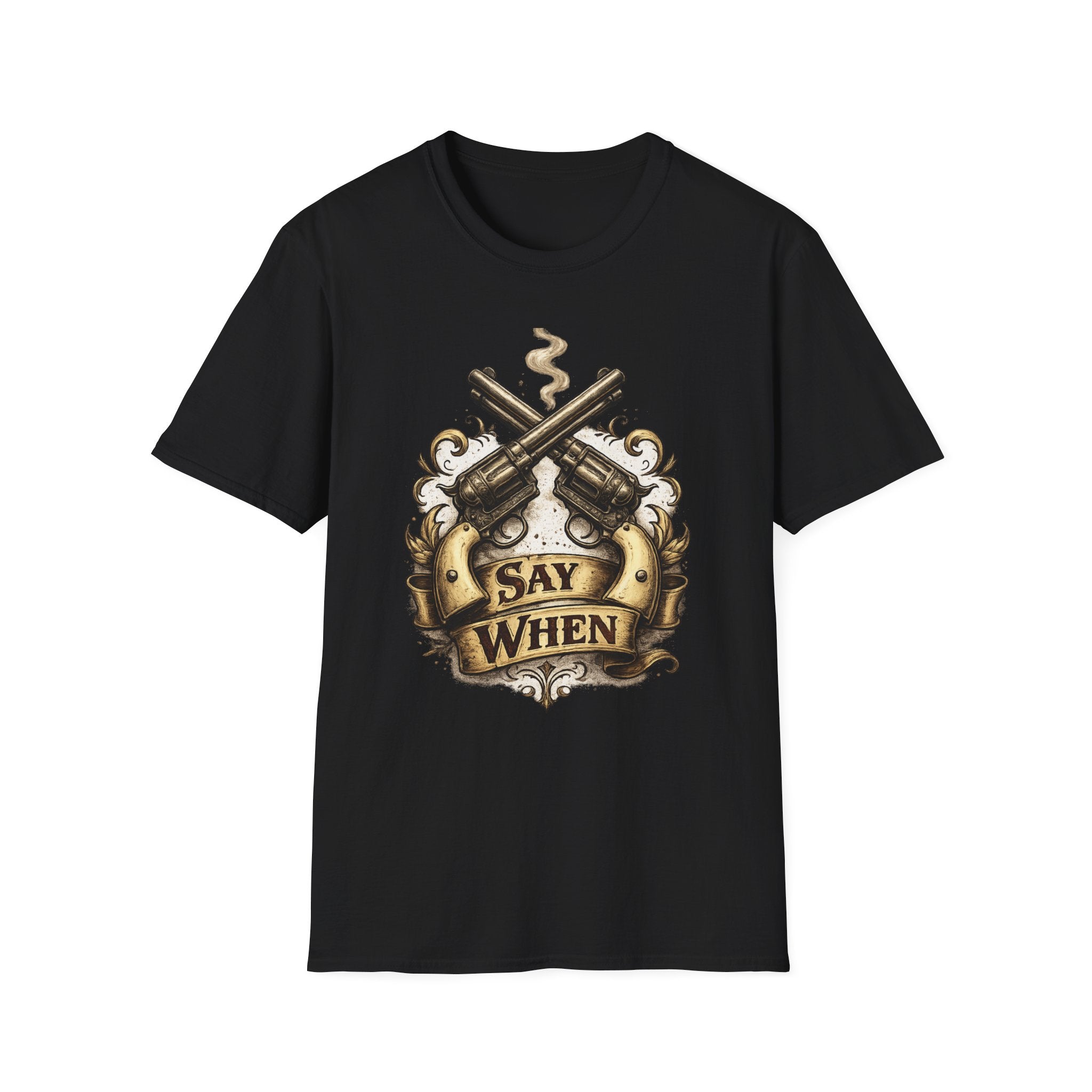 Western Revolver T‑Shirt — "Say When" Vintage Gun Graphic
