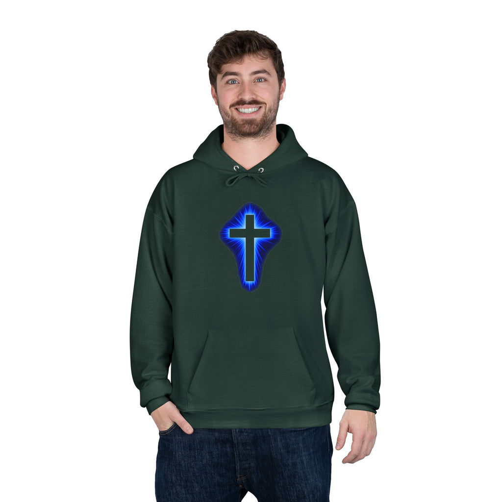 Christian Cross Hoodie — Blue Glow Front & Rustic Back Pullover