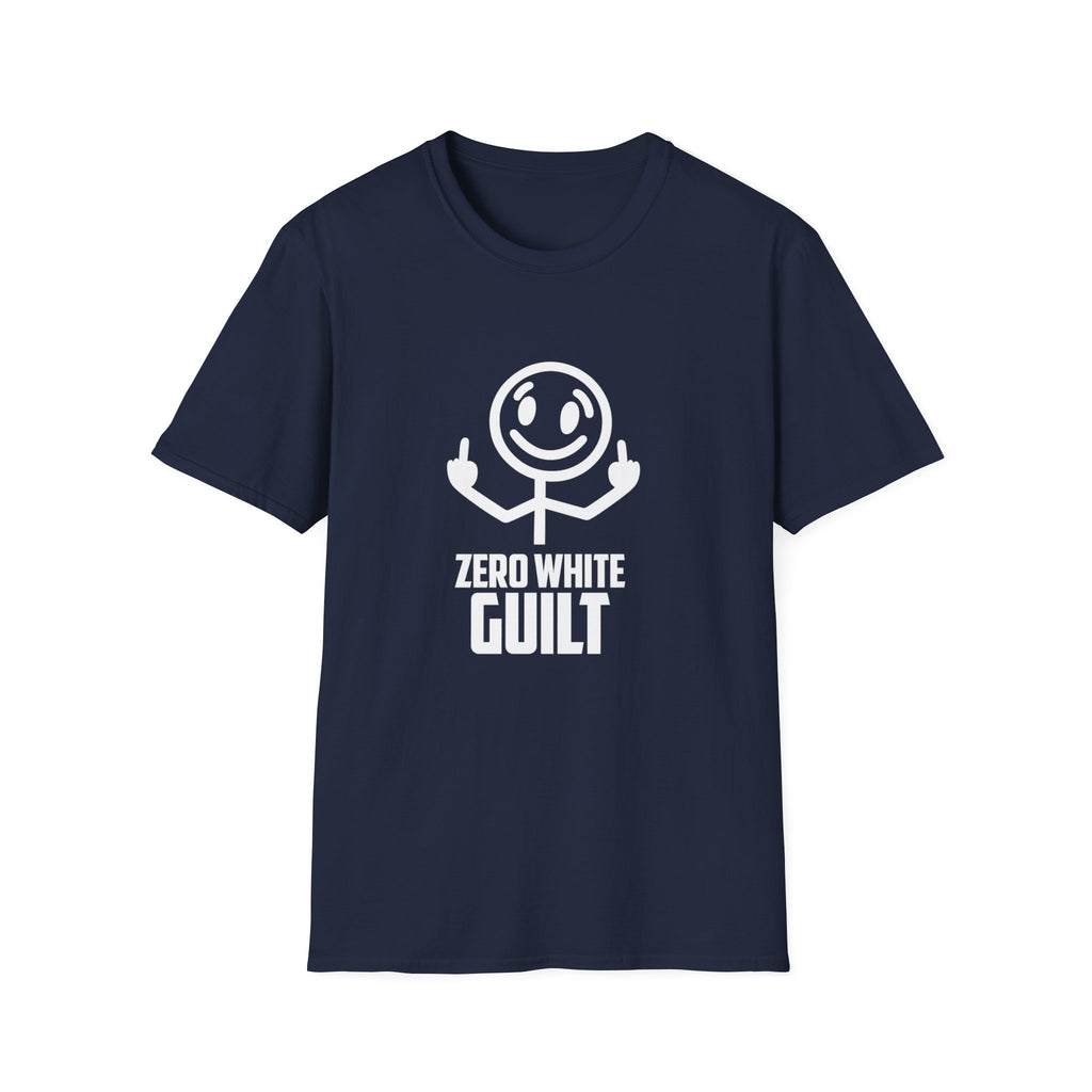 Zero White Guilt T-Shirt — Smiley Stick Figure Flipping Off Graphic Tee
