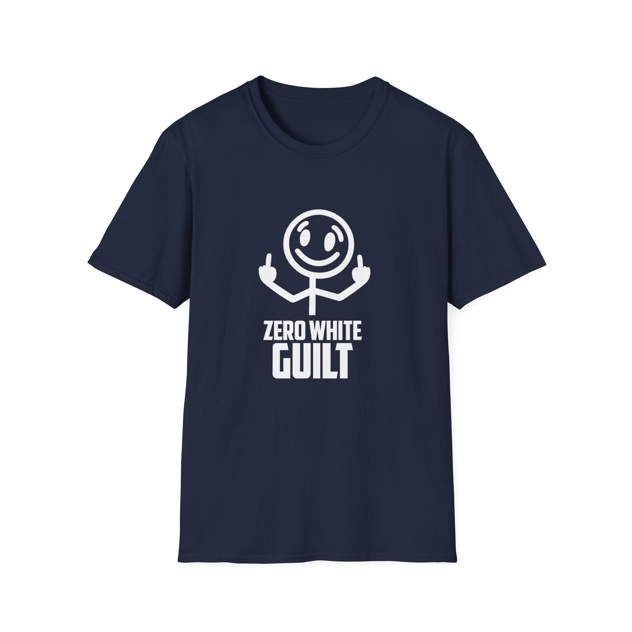 Zero White Guilt T-Shirt — Smiley Stick Figure Flipping Off Graphic Tee