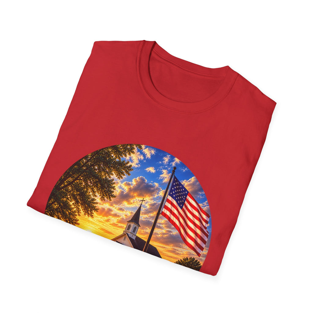 Patriotic Church Sunset T-Shirt — American Flag Chapel Scene