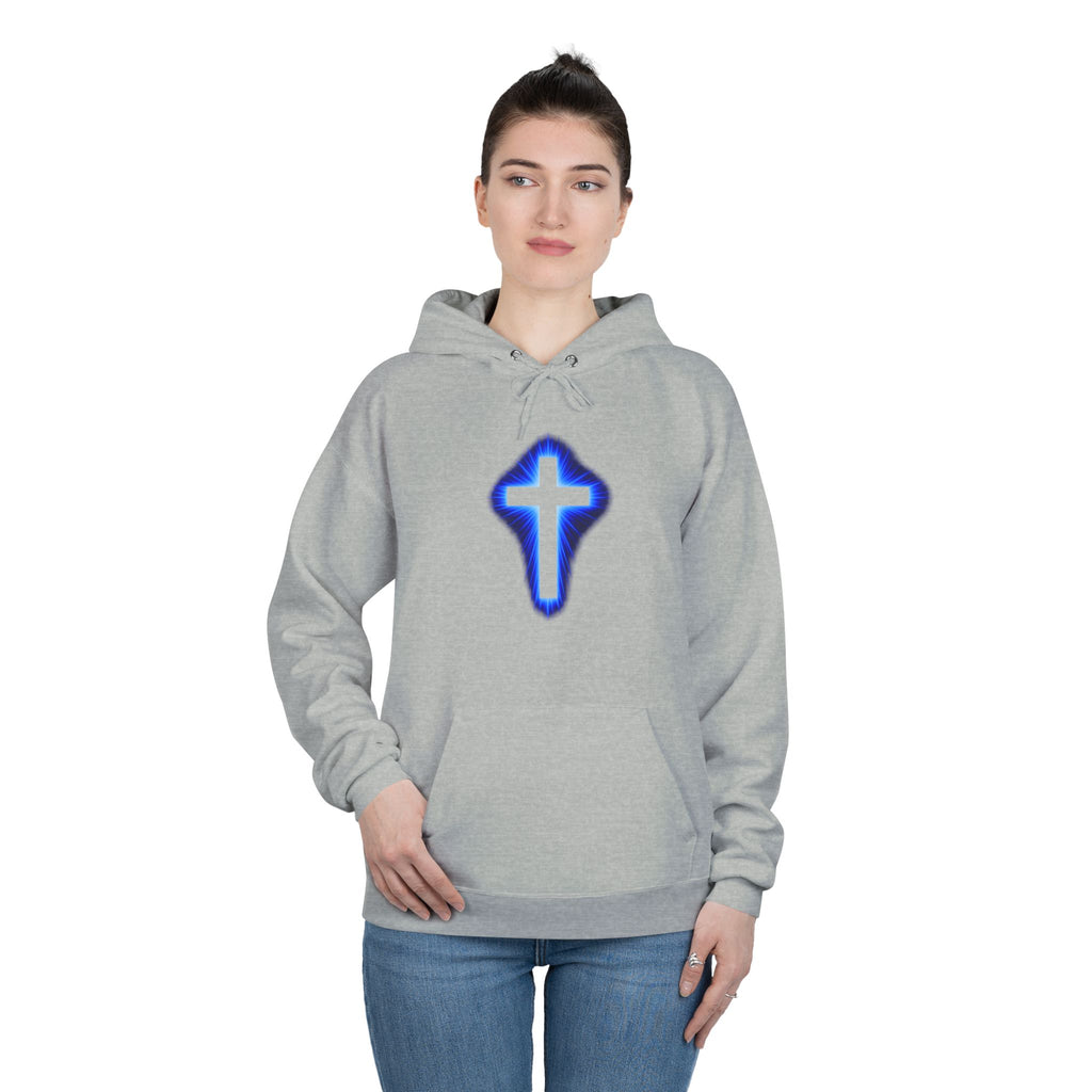 Christian Cross Hoodie — Blue Glow Front & Rustic Back Pullover
