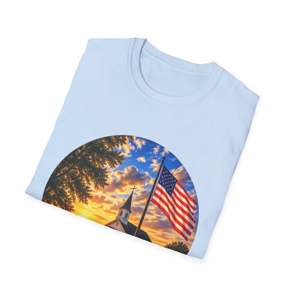 Patriotic Church Sunset T-Shirt — American Flag Chapel Scene