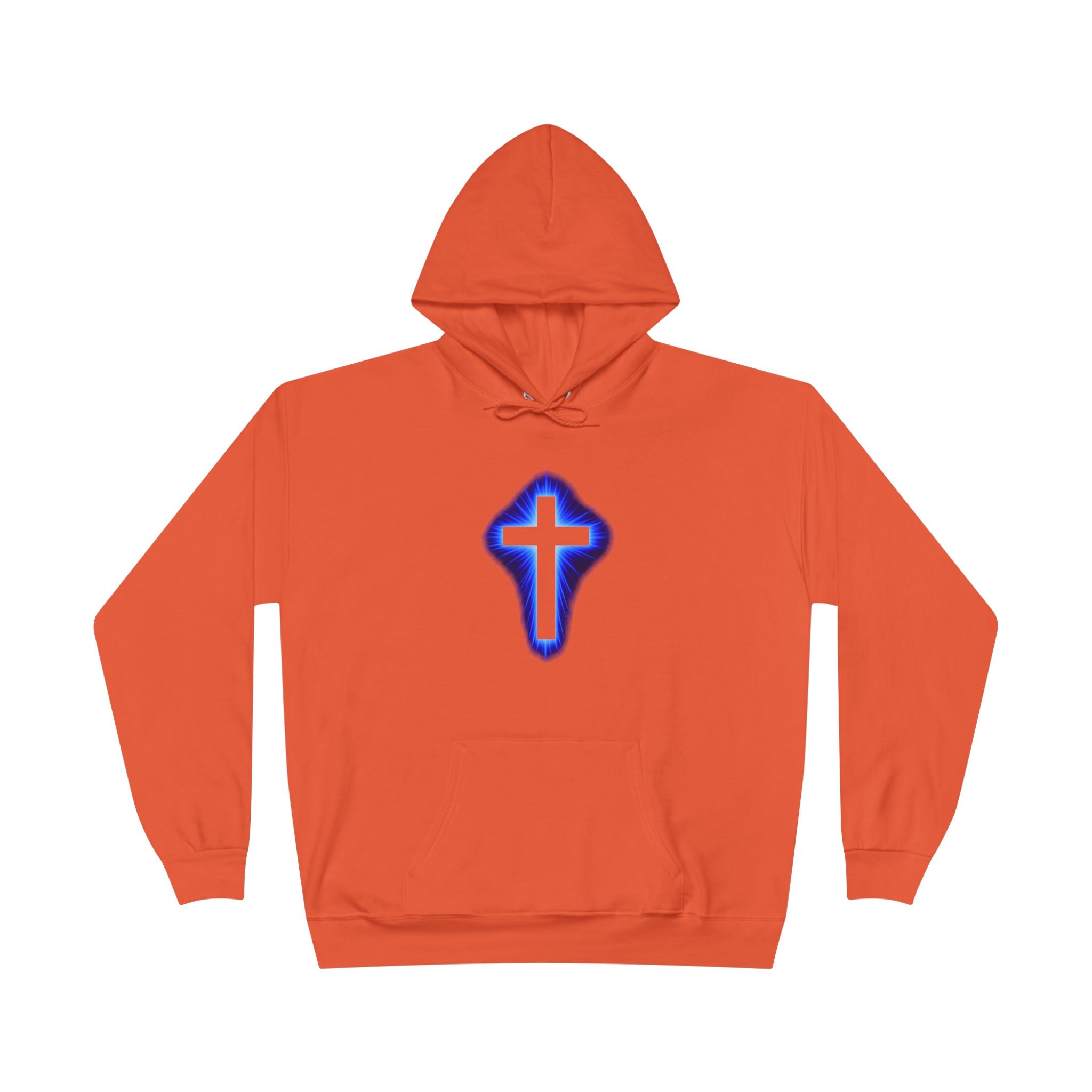 Christian Cross Hoodie — Blue Glow Front & Rustic Back Pullover