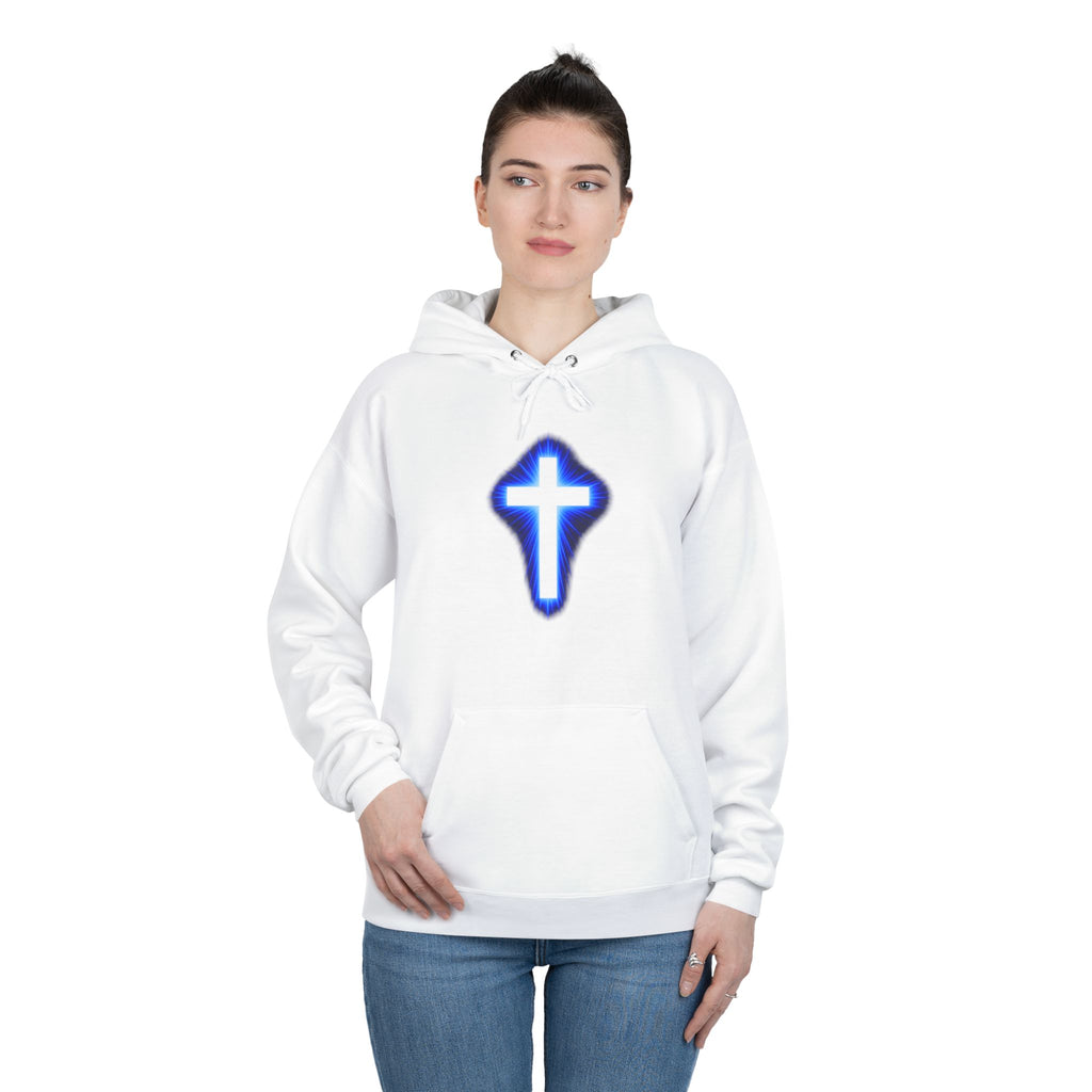 Christian Cross Hoodie — Blue Glow Front & Rustic Back Pullover