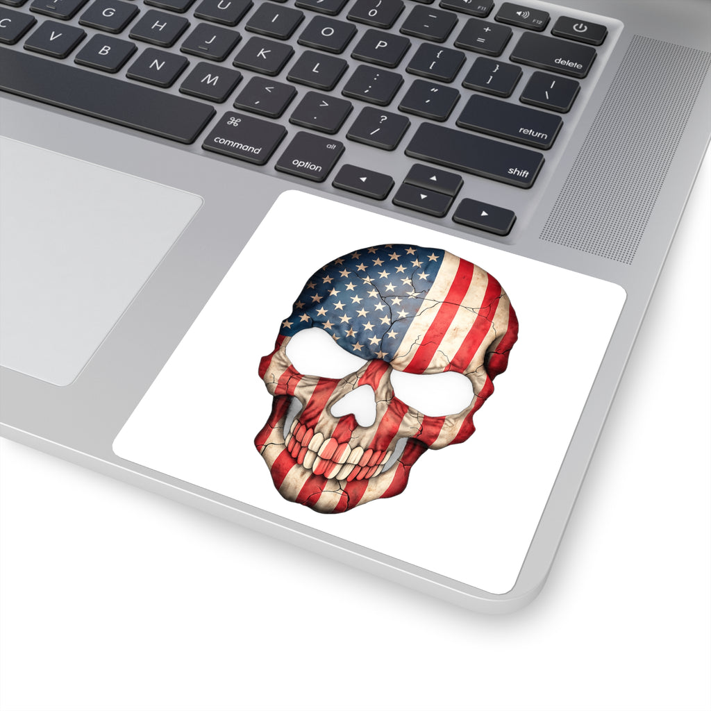 American Flag Skull Sticker — Patriotic Skull Square Decal for Laptop, Helmet, Guitar