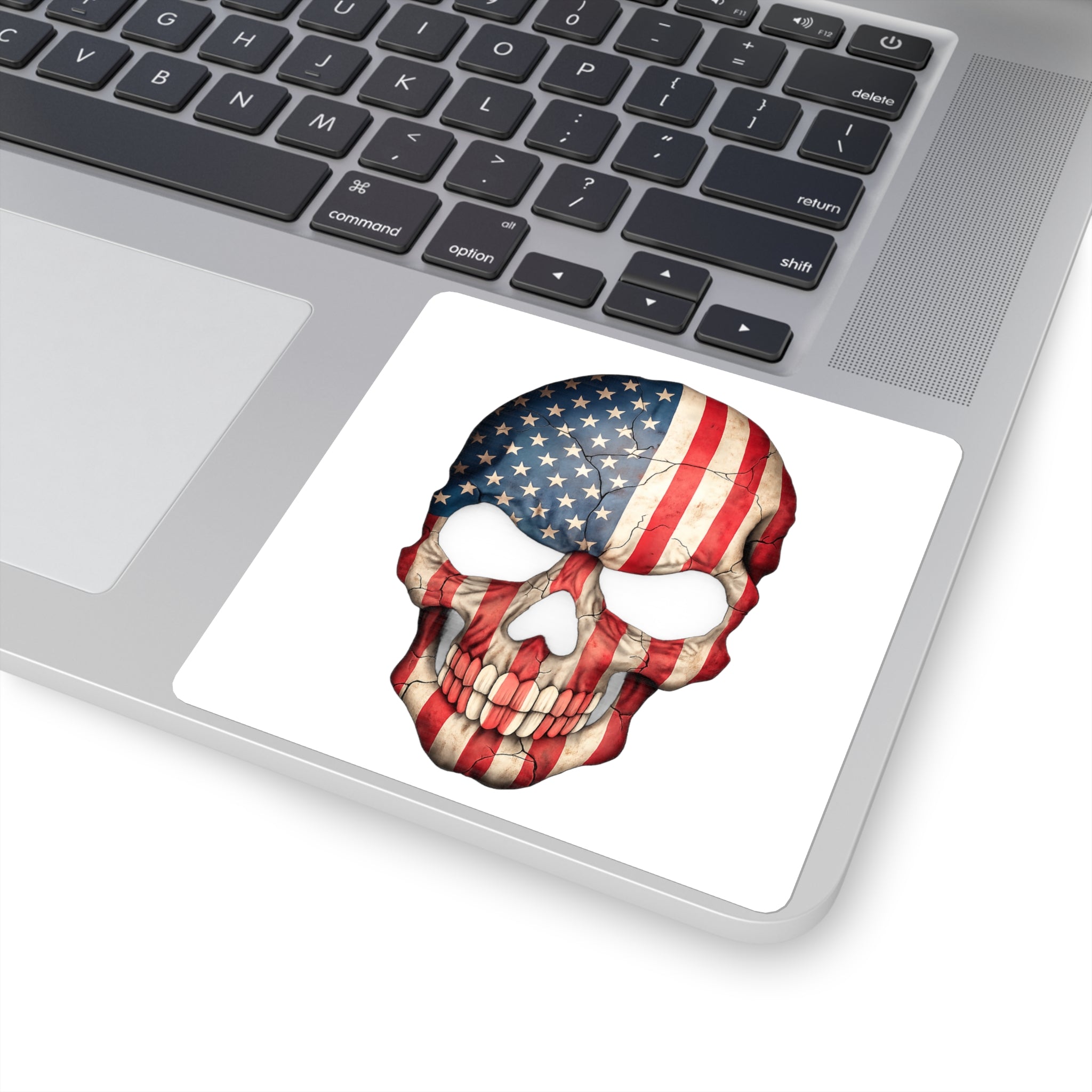 American Flag Skull Sticker — Patriotic Skull Square Decal for Laptop, Helmet, Guitar