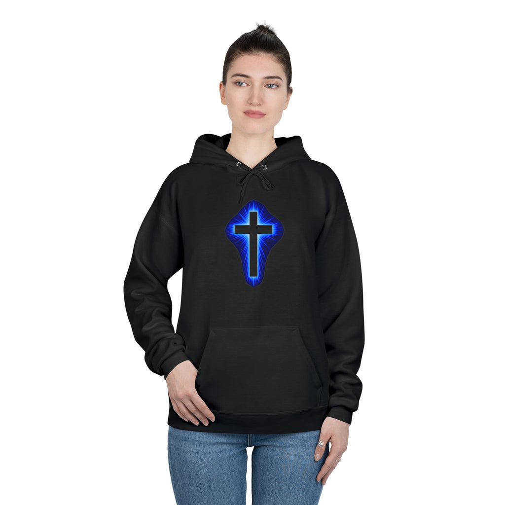 Christian Cross Hoodie — Blue Glow Front & Rustic Back Pullover