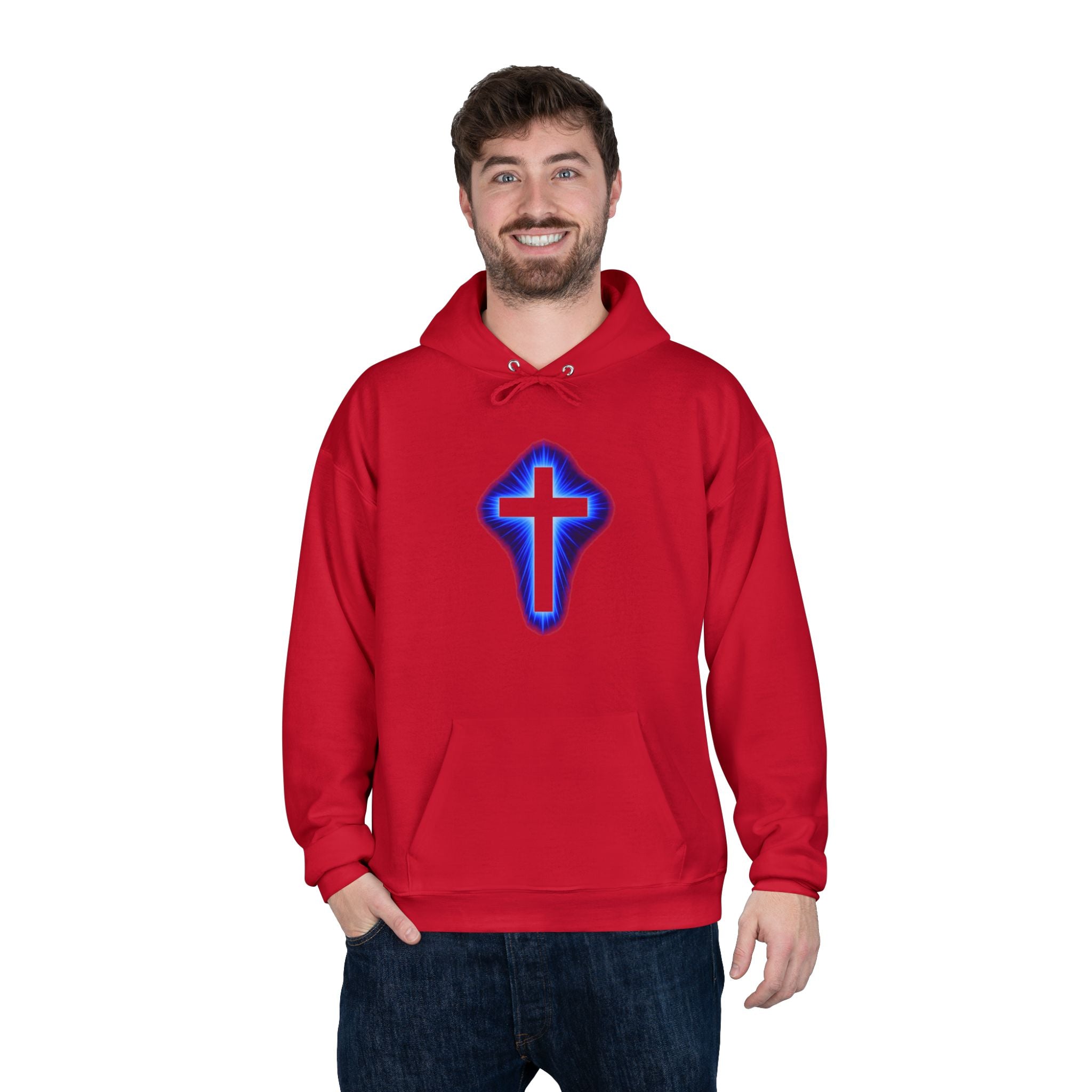 Christian Cross Hoodie — Blue Glow Front & Rustic Back Pullover