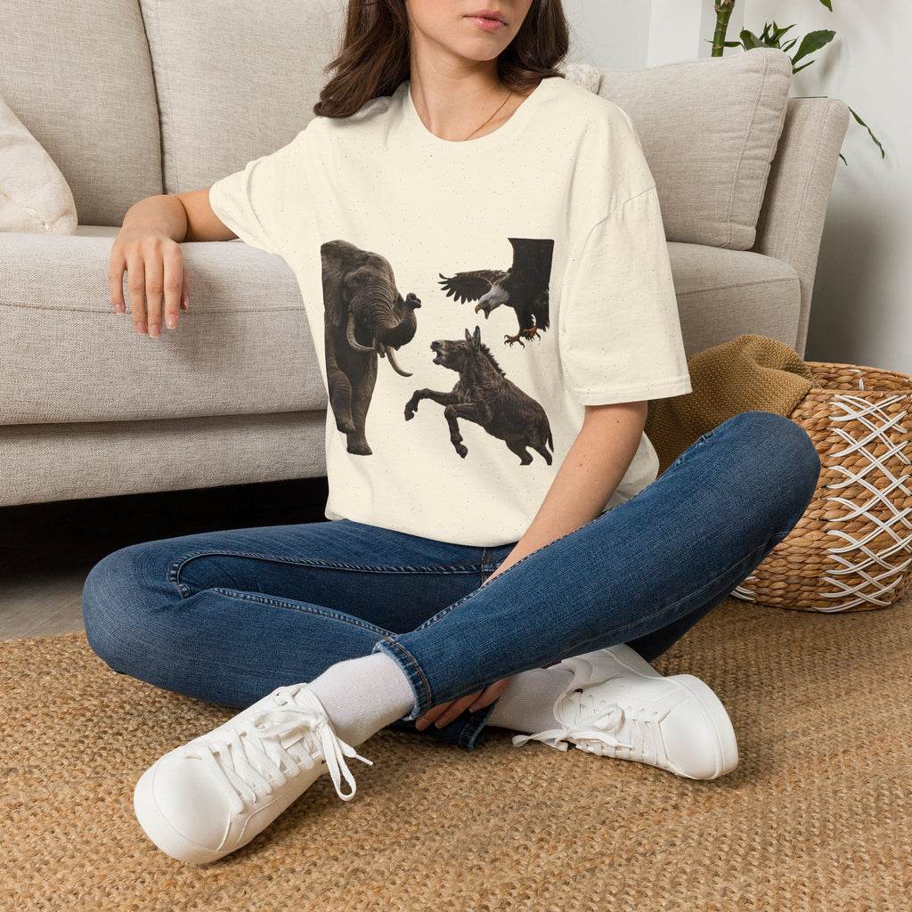 Wildlife Face-Off T-Shirt — Elephant, Eagle & Donkey Nature Scene