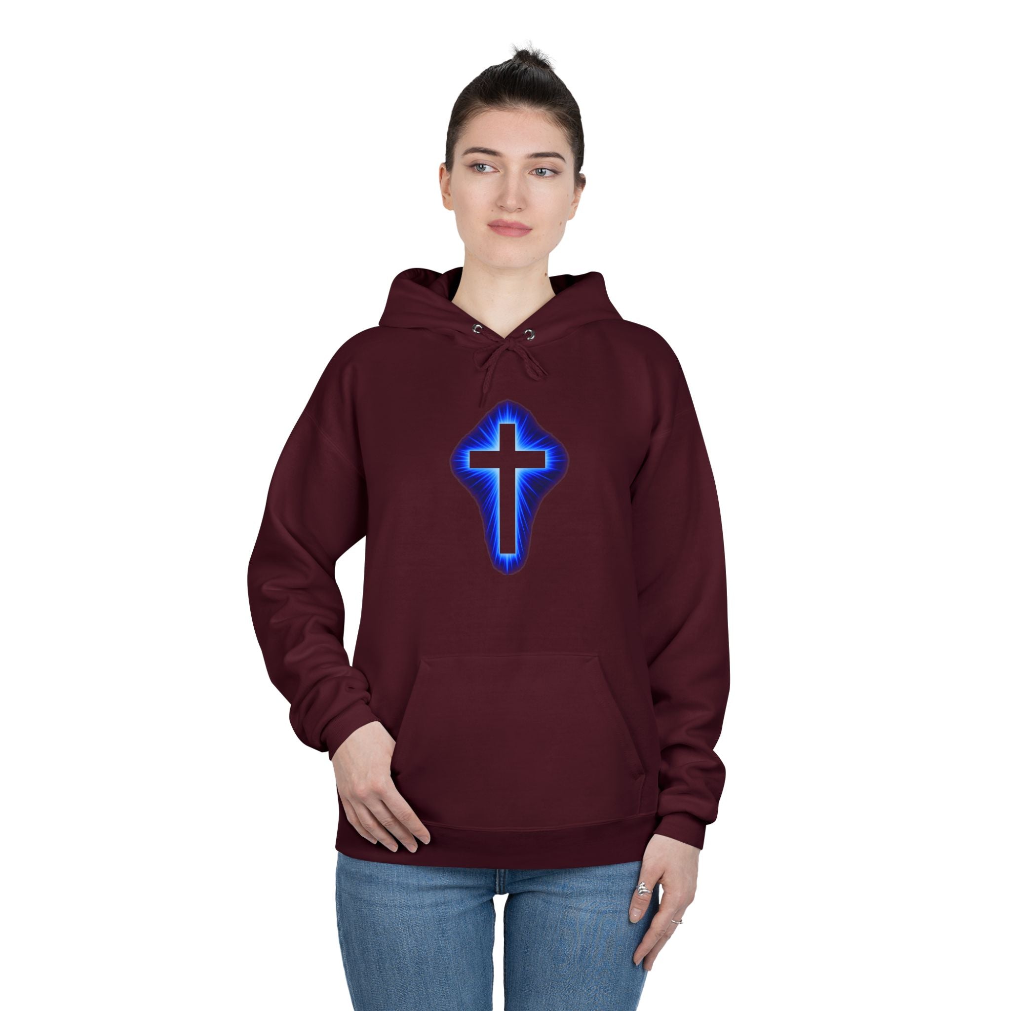 Christian Cross Hoodie — Blue Glow Front & Rustic Back Pullover