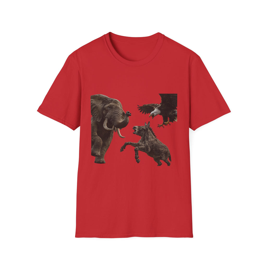 Wildlife Face-Off T-Shirt — Elephant, Eagle & Donkey Nature Scene