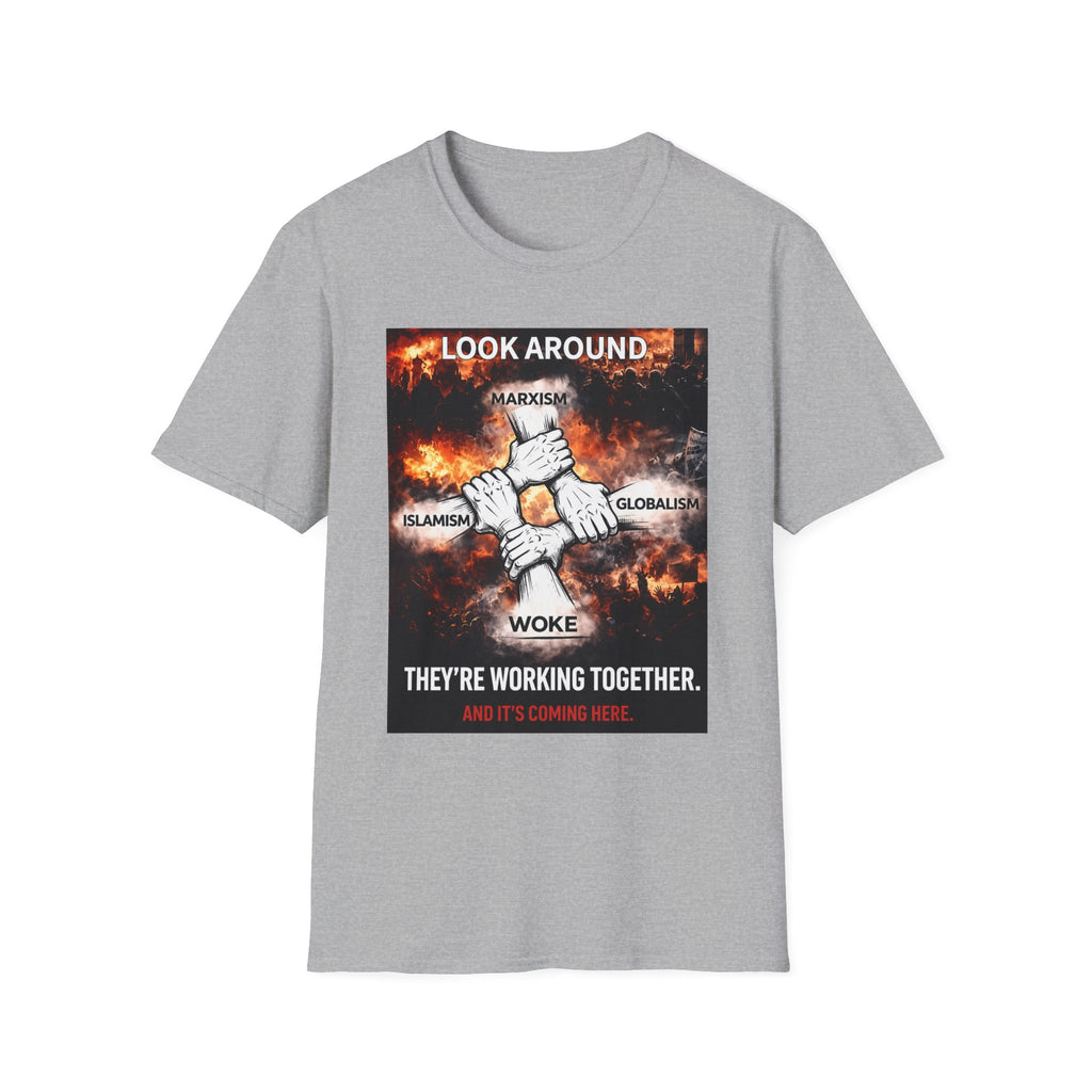 Political Graphic T-Shirt — "Look Around" Protest Design