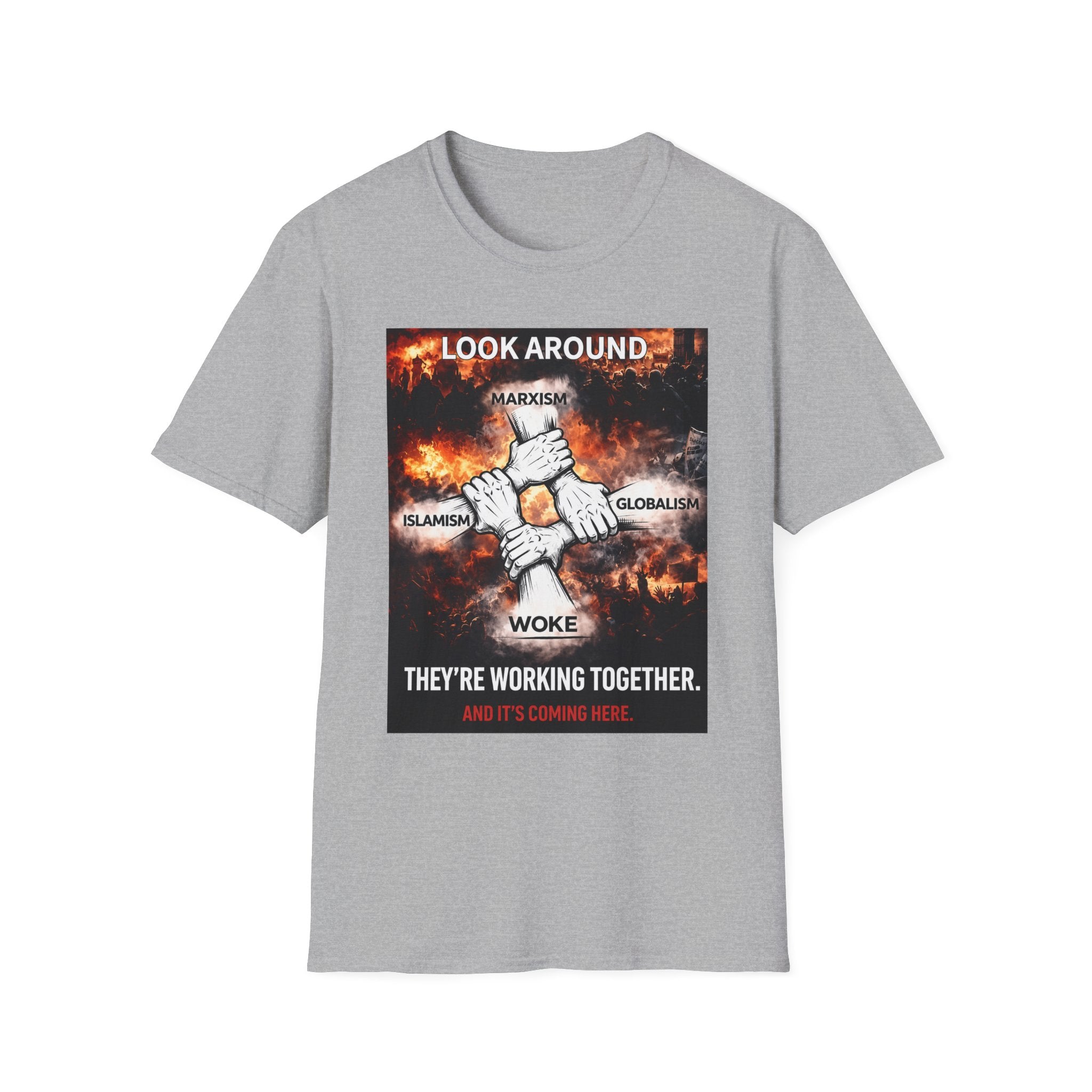 Political Graphic T-Shirt — "Look Around" Protest Design