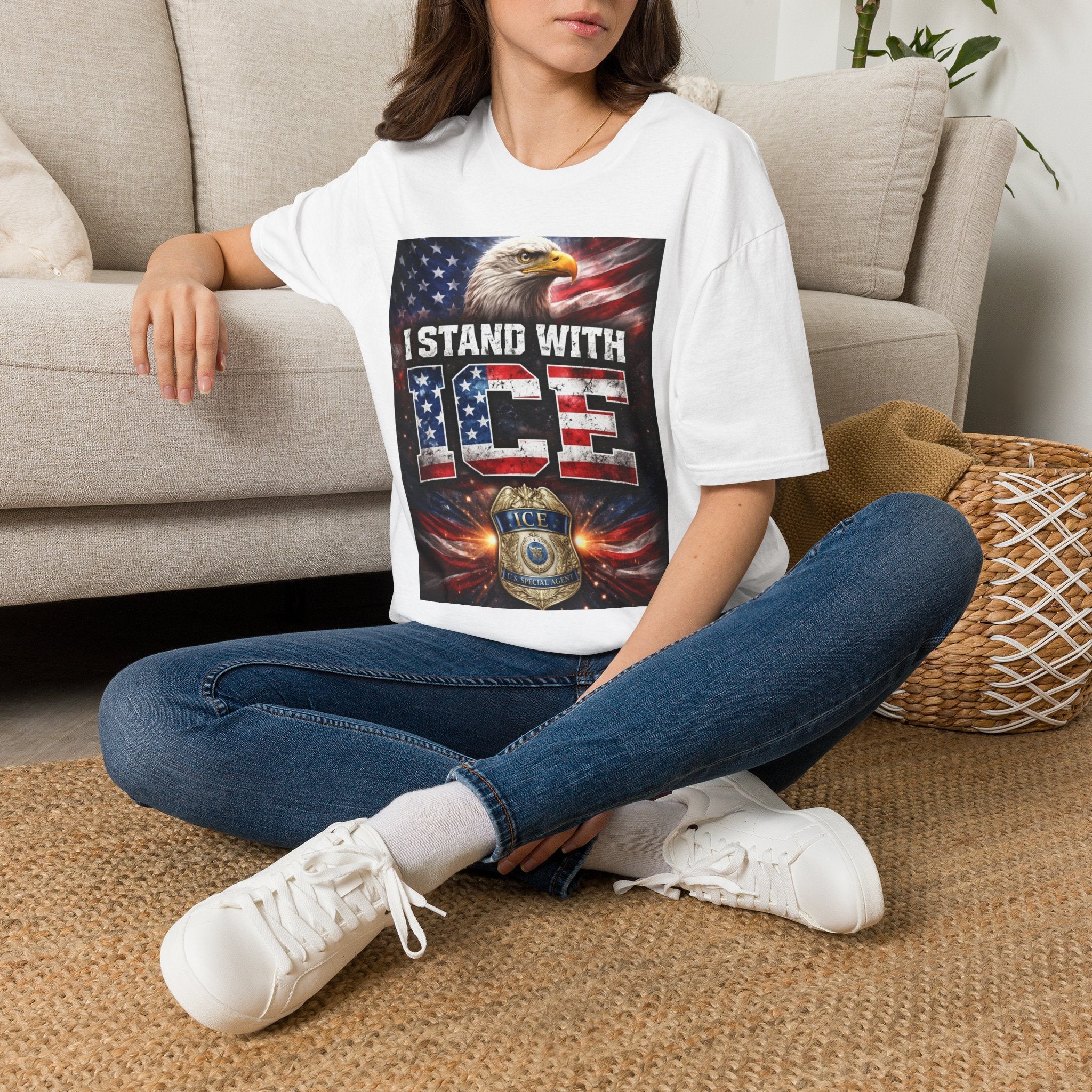 I Stand With ICE American Flag Eagle T-Shirt — Pro-ICE Patriotic Tee