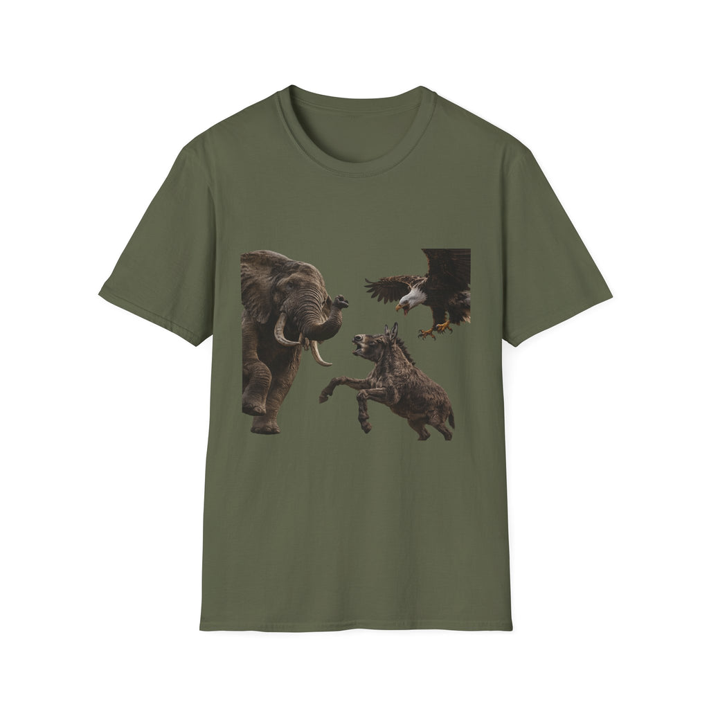 Wildlife Face-Off T-Shirt — Elephant, Eagle & Donkey Nature Scene