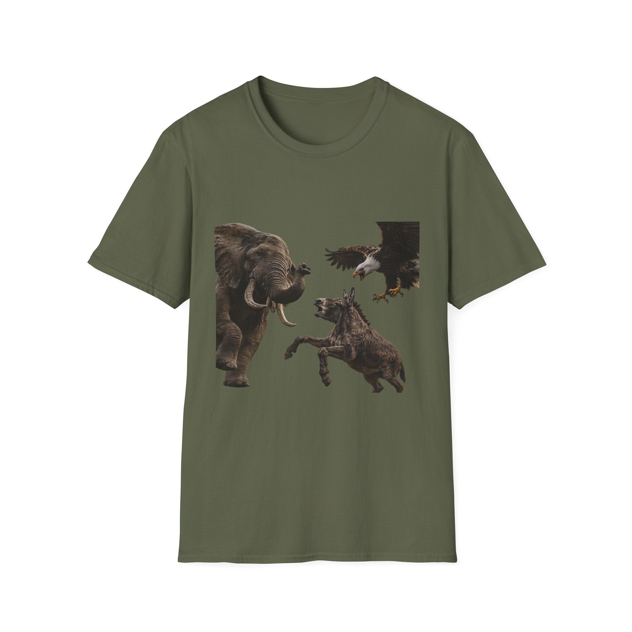 Wildlife Face-Off T-Shirt — Elephant, Eagle & Donkey Nature Scene