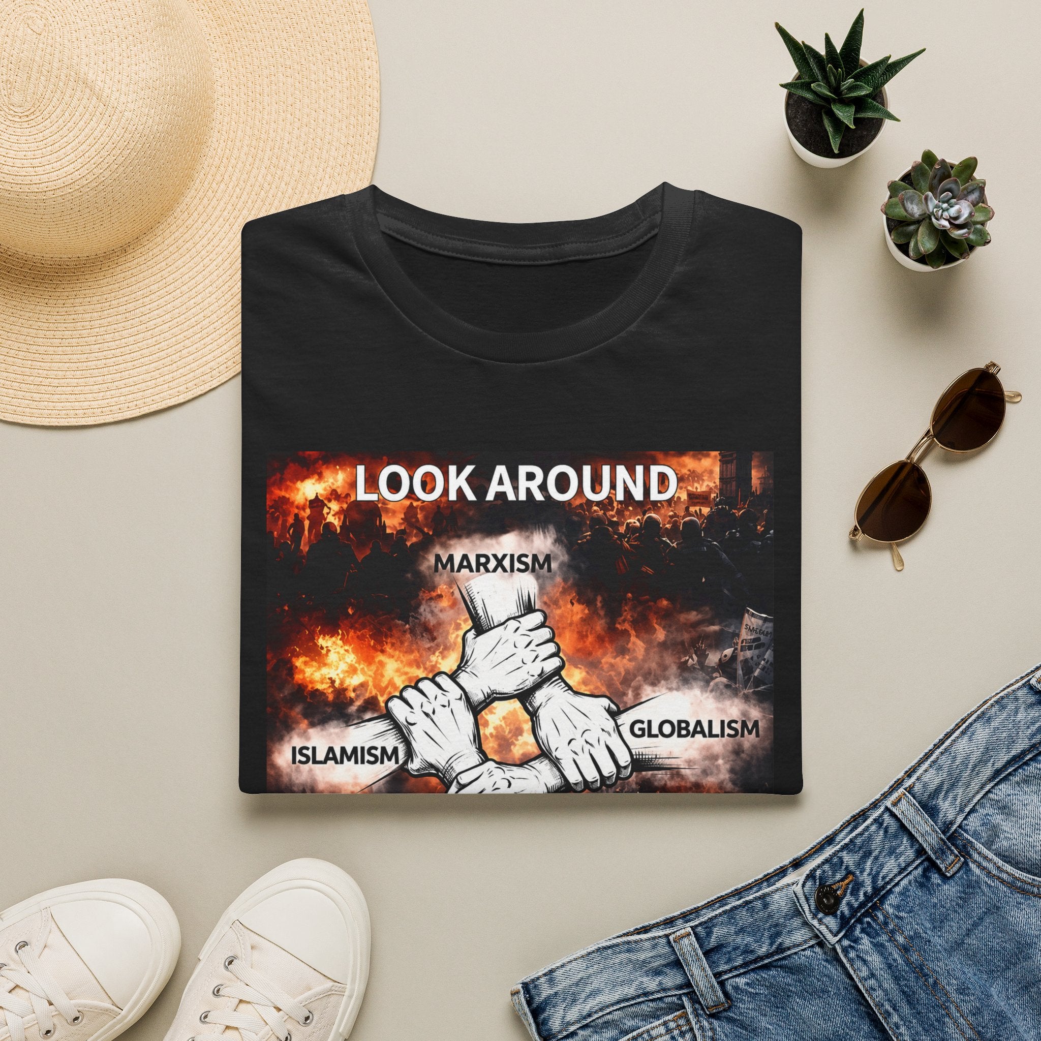 Political Graphic T-Shirt — "Look Around" Protest Design