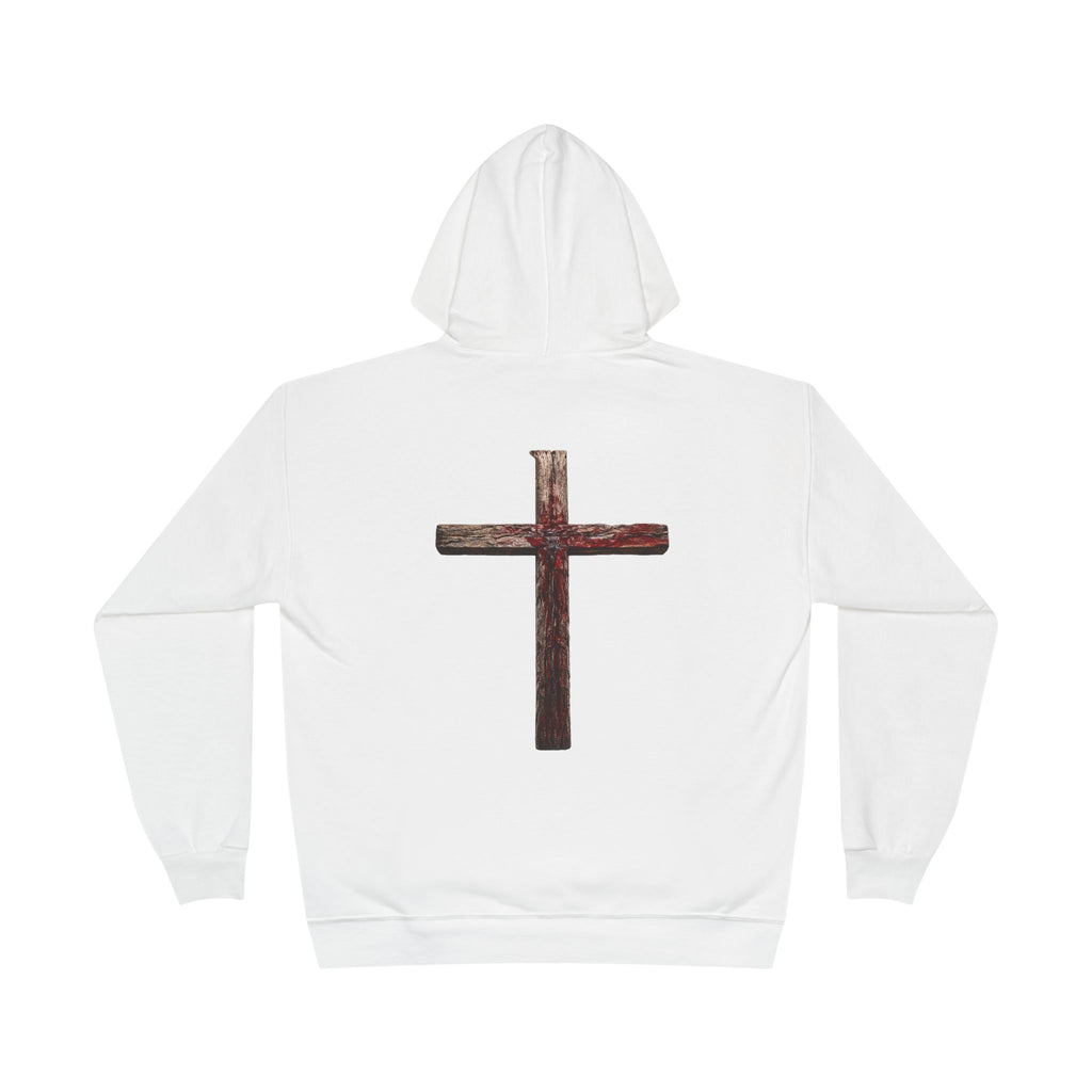 Christian Cross Hoodie — Blue Glow Front & Rustic Back Pullover