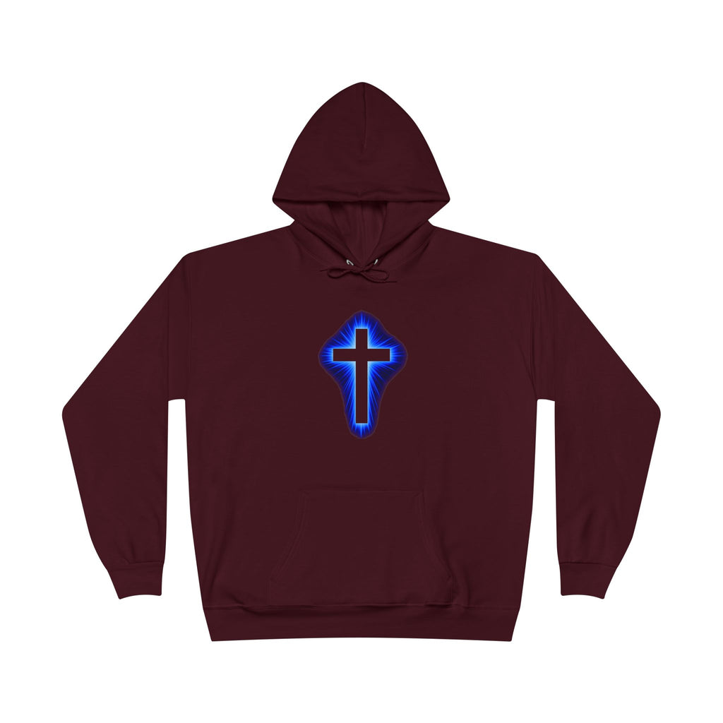 Christian Cross Hoodie — Blue Glow Front & Rustic Back Pullover
