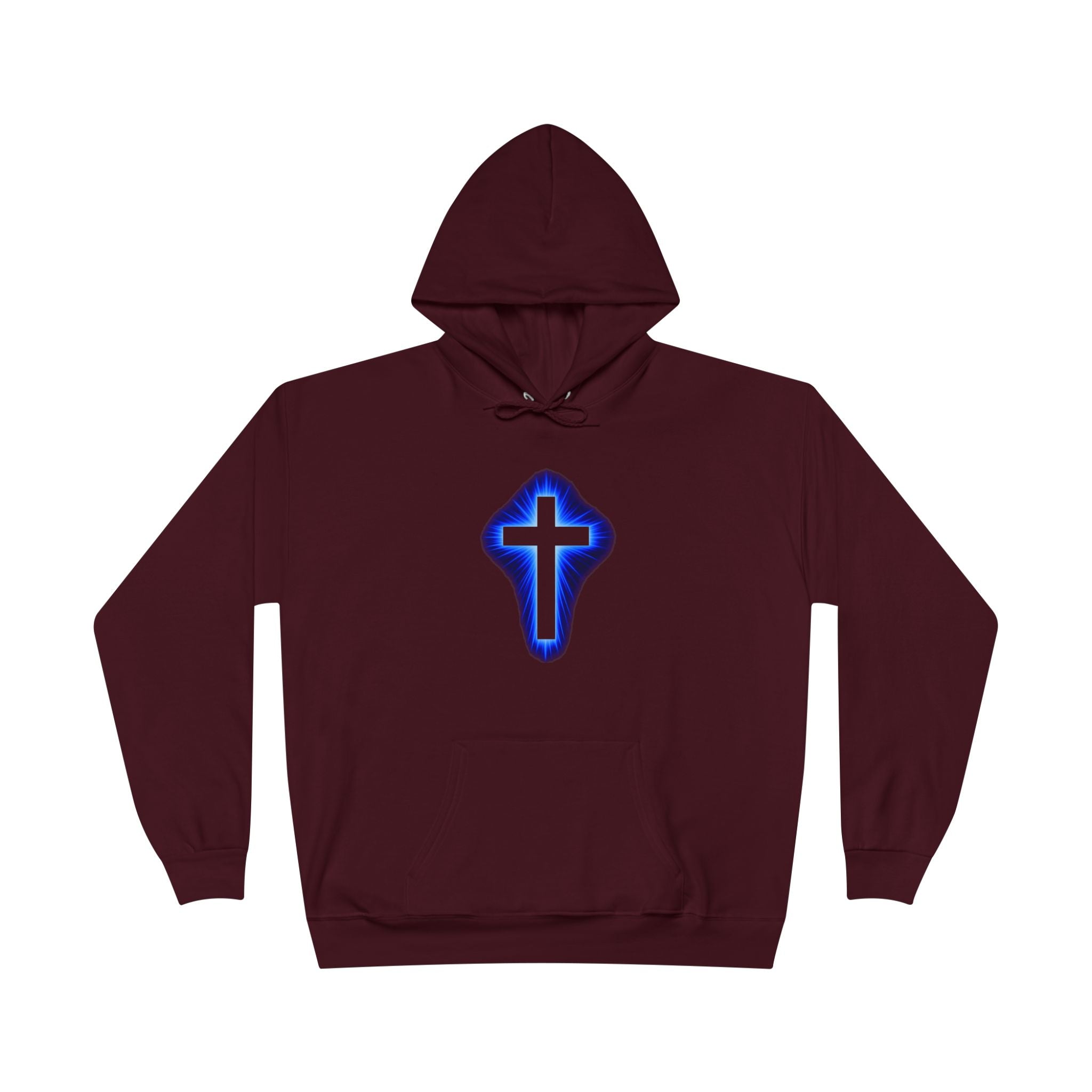 Christian Cross Hoodie — Blue Glow Front & Rustic Back Pullover