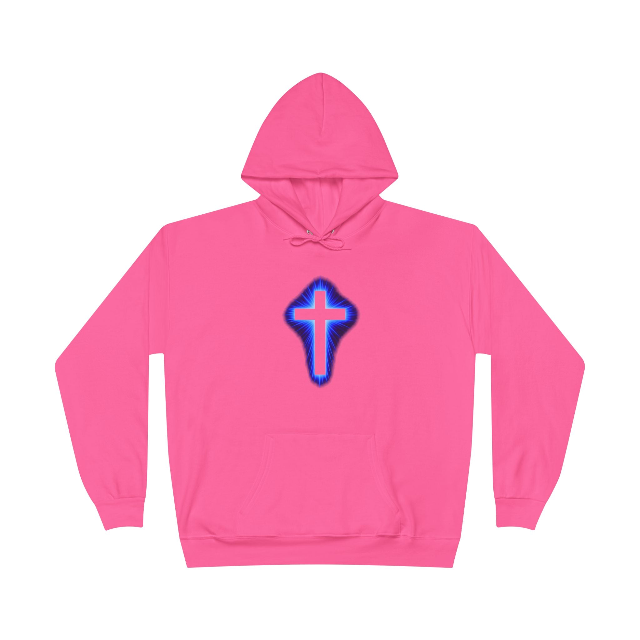 Christian Cross Hoodie — Blue Glow Front & Rustic Back Pullover