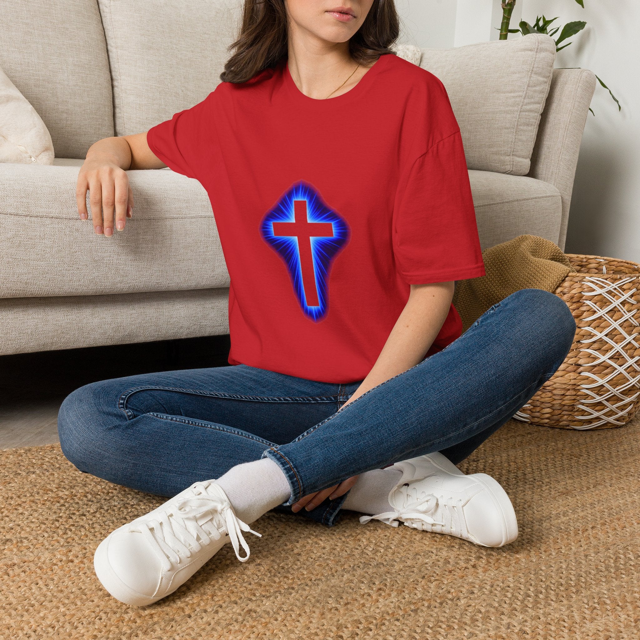 Blue Glowing Cross T‑Shirt — Christian Faith Graphic Tee