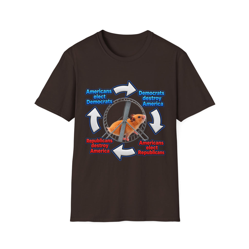 Hamster Wheel Politics T-Shirt — "Americans Elect/Destroy" Satire Tee