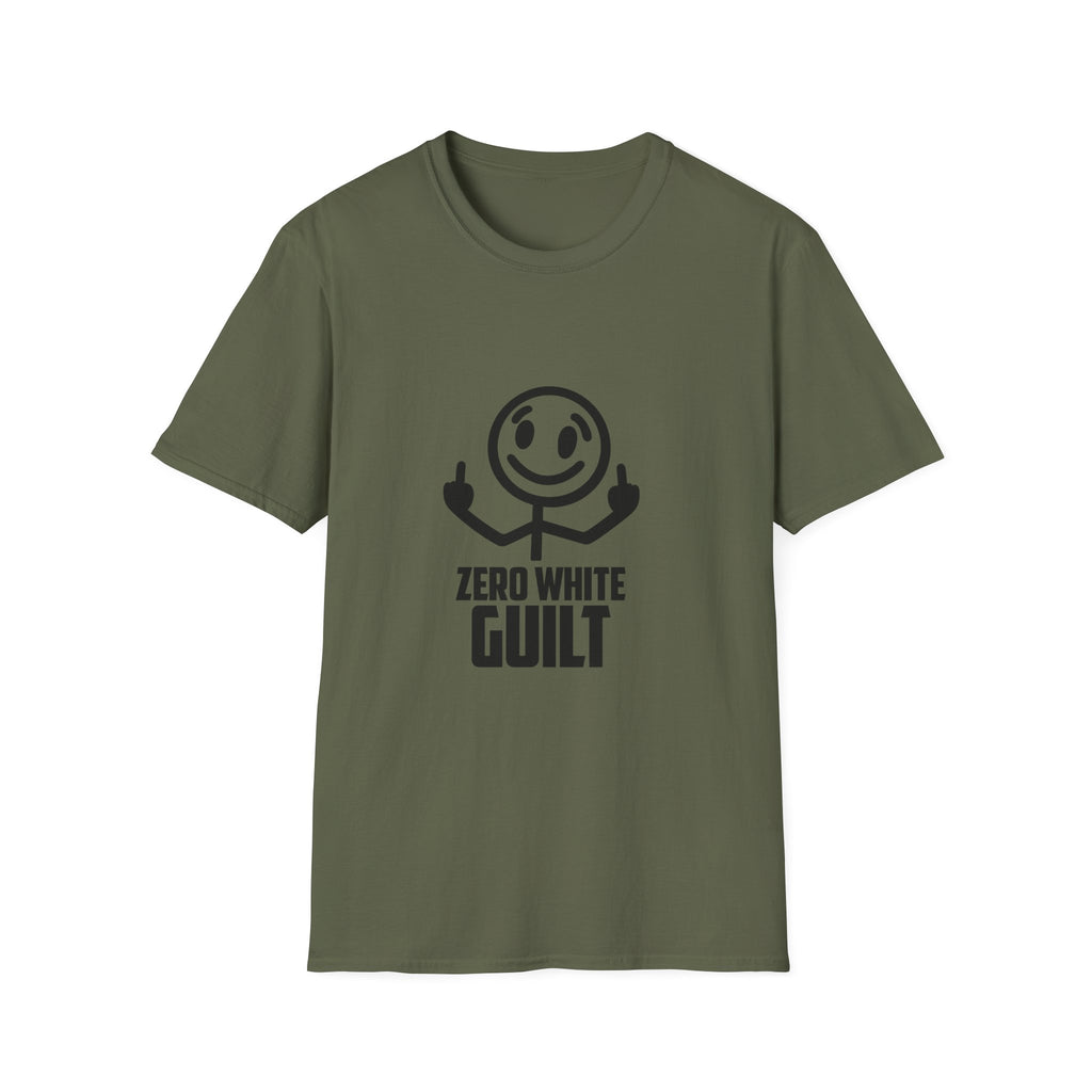 Graphic T-Shirt — 'Zero White Guilt' Smiley Stick Figure Middle Finger