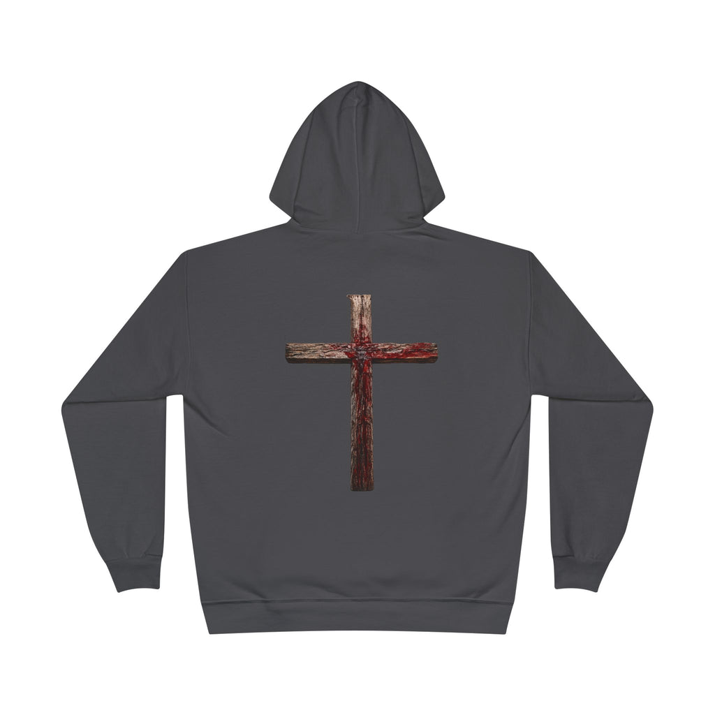 Christian Cross Hoodie — Blue Glow Front & Rustic Back Pullover