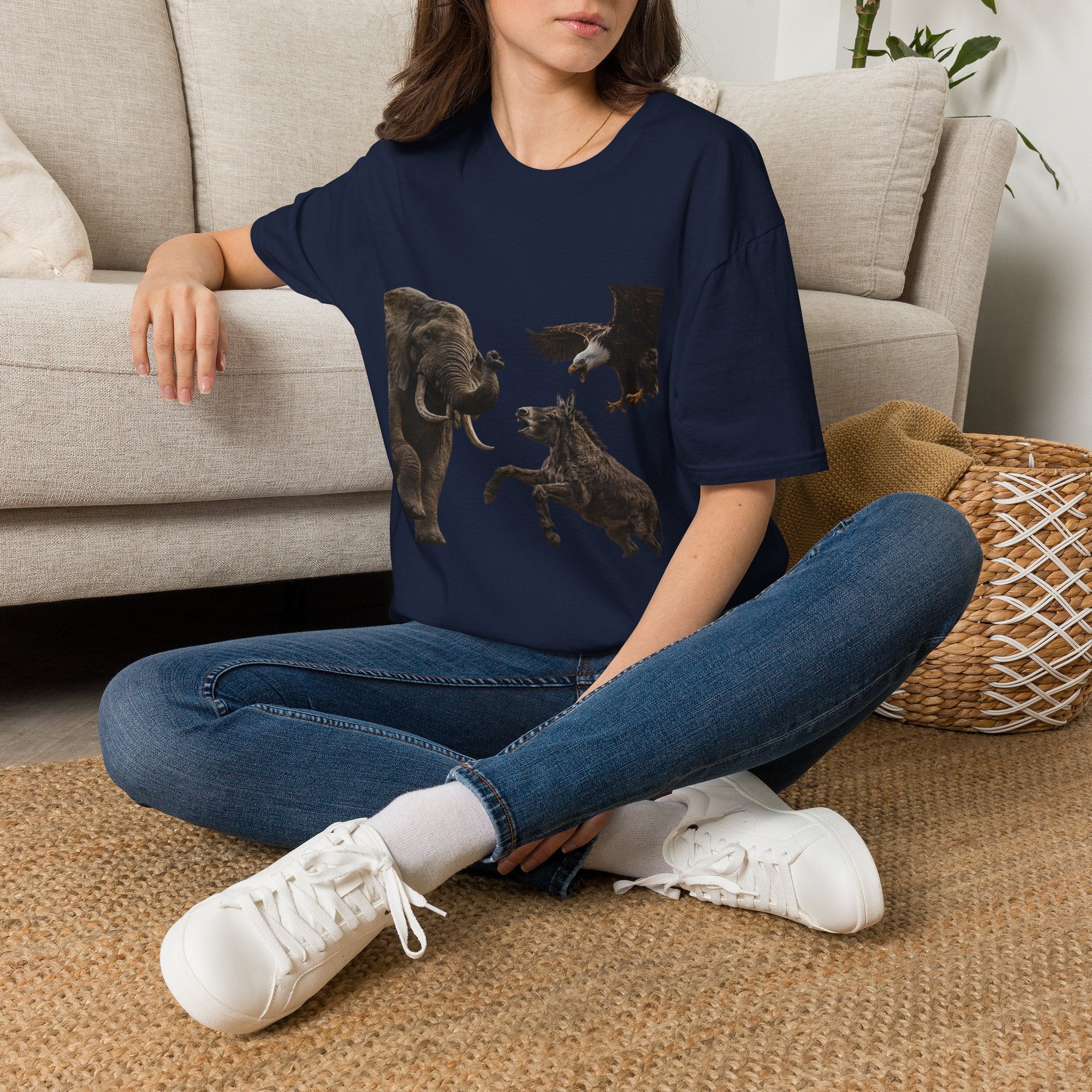 Wildlife Face-Off T-Shirt — Elephant, Eagle & Donkey Nature Scene