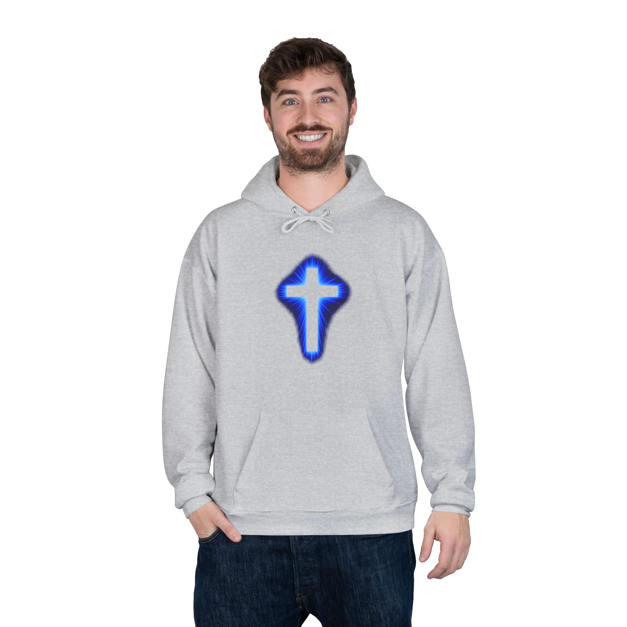 Christian Cross Hoodie — Blue Glow Front & Rustic Back Pullover